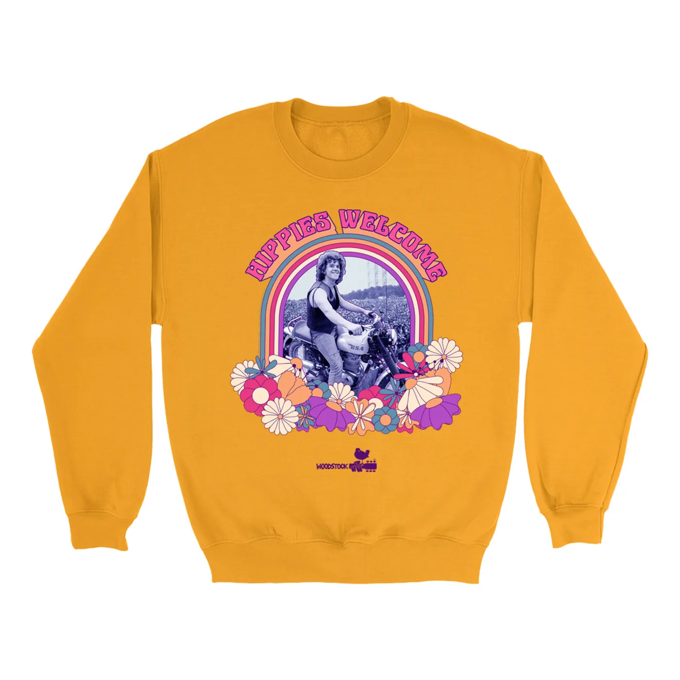 Woodstock Sweatshirt | Hippies Welcome Retro BIker Photo Design Woodstock Sweatshirt