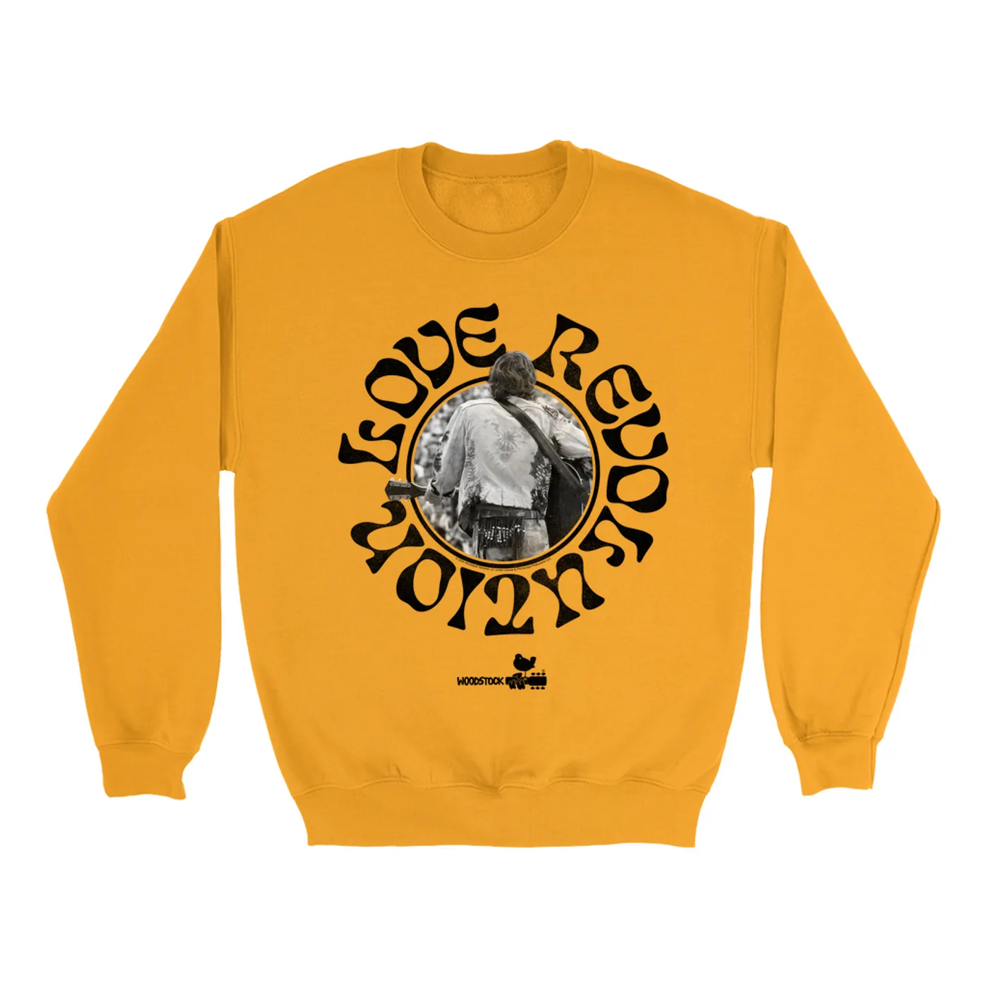 Woodstock Sweatshirt | Love Revolution Black Circle Image Woodstock Sweatshirt