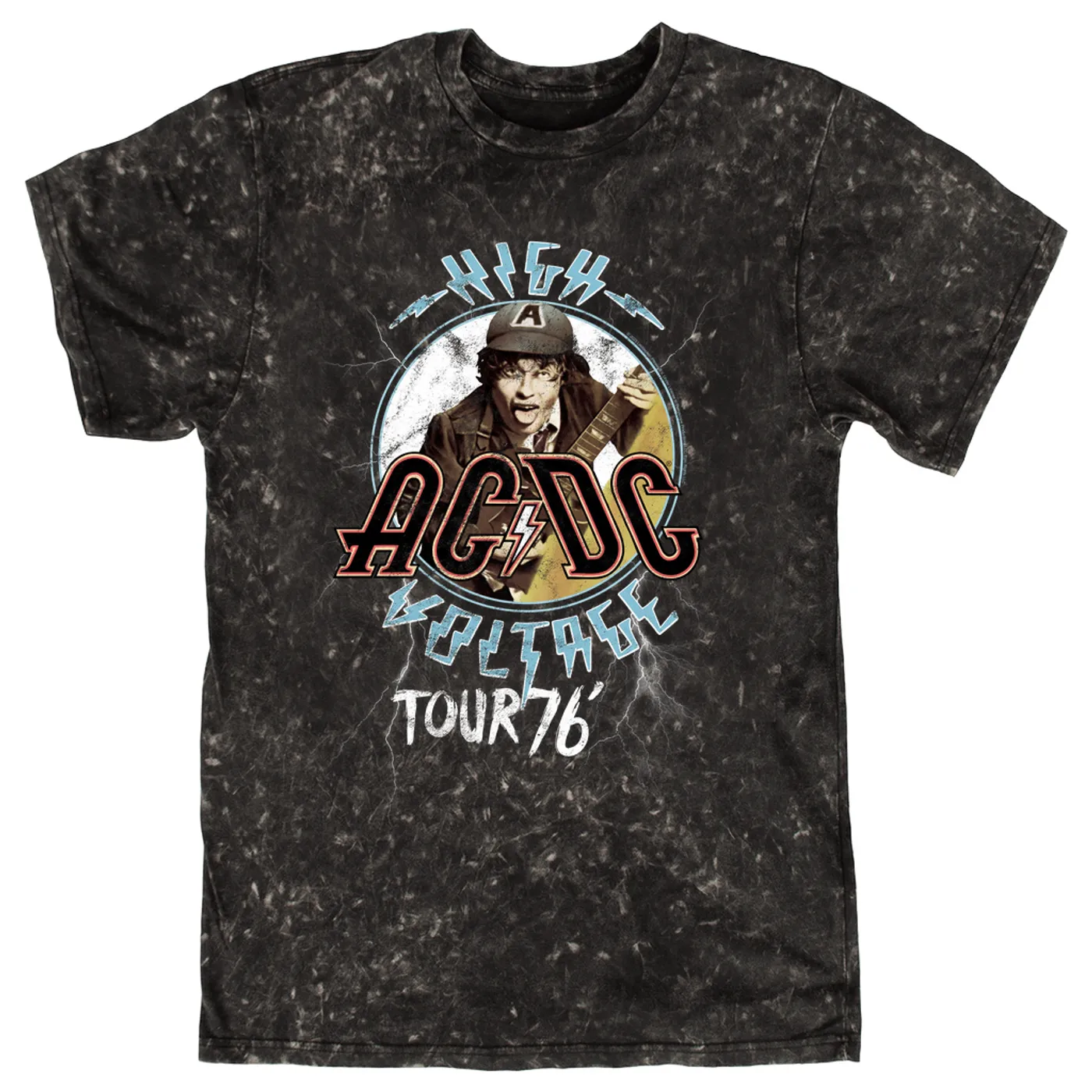 AC/DC T-shirt | High Voltage '76 Tour Angus Young Image Distressed ACDC Mineral Wash Shirt