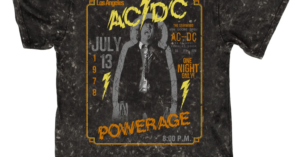AC/DC T-shirt | Powerage Los Angeles July 1978 Distressed Mineral Wash ...