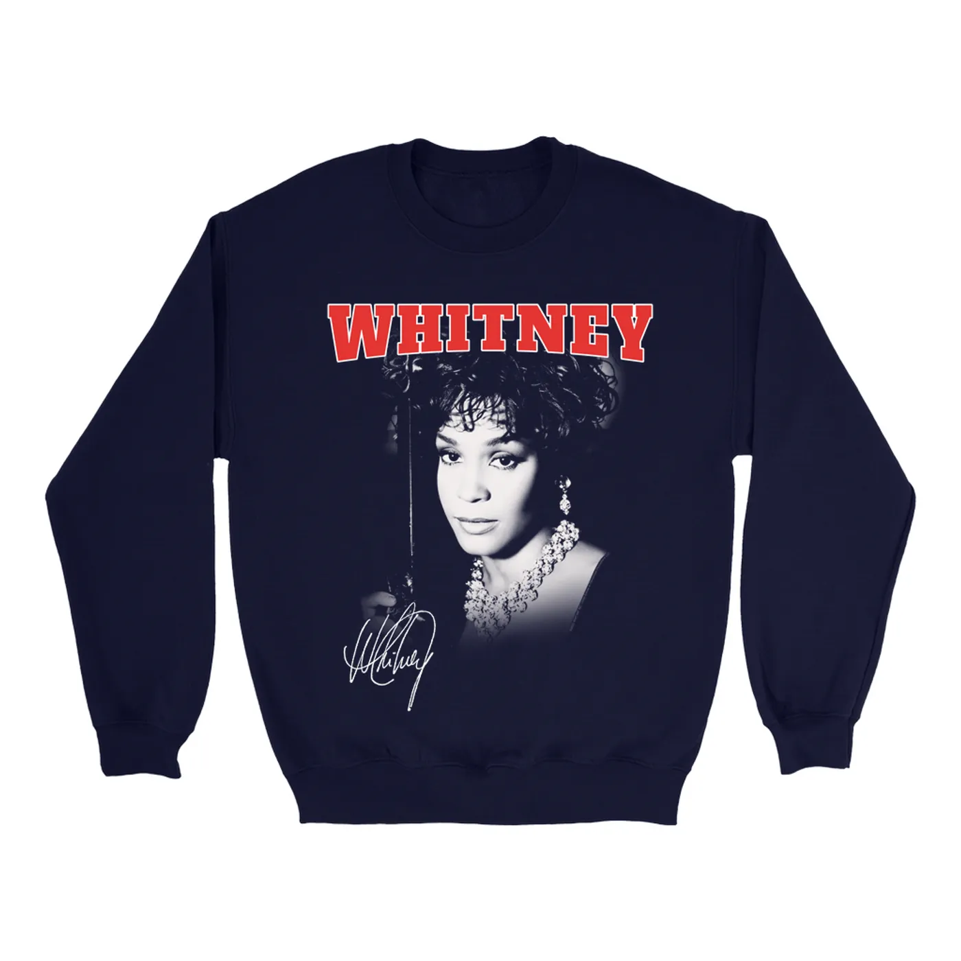 Whitney Houston Sweatshirt | Black And White Photo Collegiate Logo Whitney Houston Sweatshirt