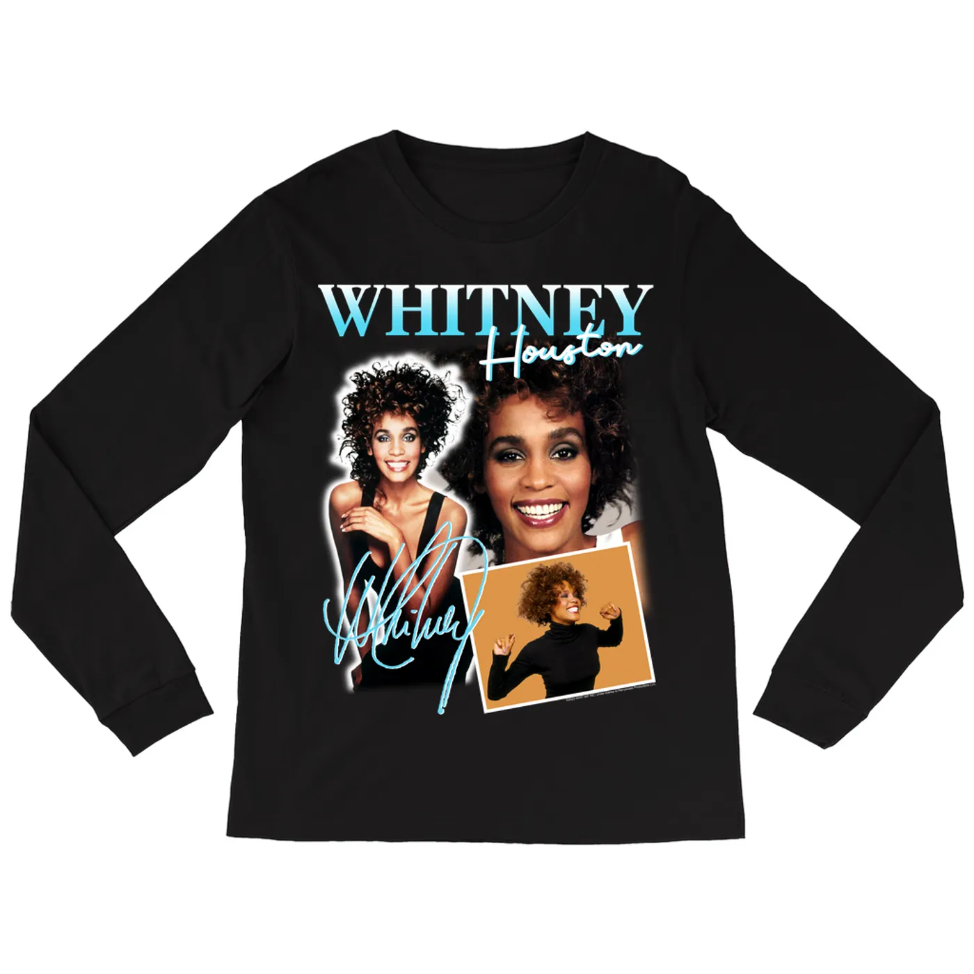 Whitney Houston Long Sleeve Shirt | 1987 Turquoise Photo Collage Design Whitney Houston Shirt