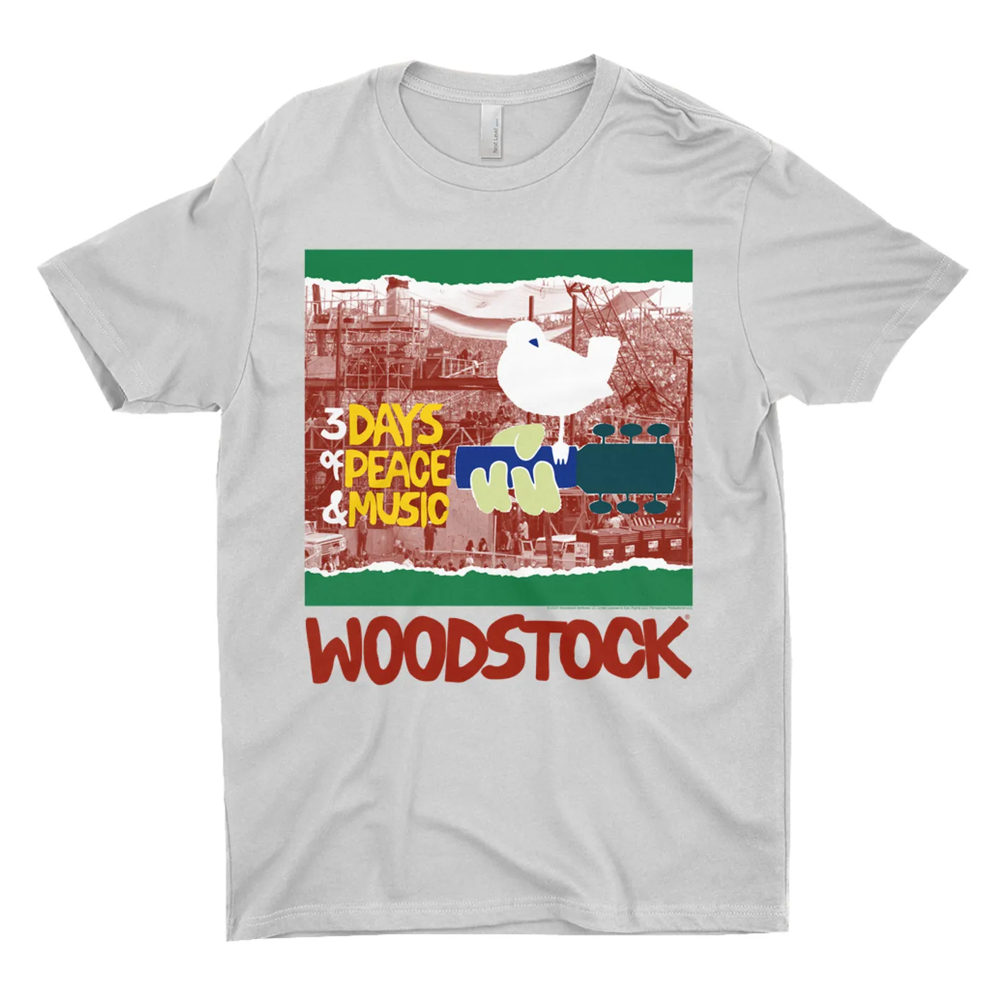 Woodstock T-Shirt | Red, Green 3 Days Of Peace Structure Design (Merchbar Exclusive) Woodstock Shirt