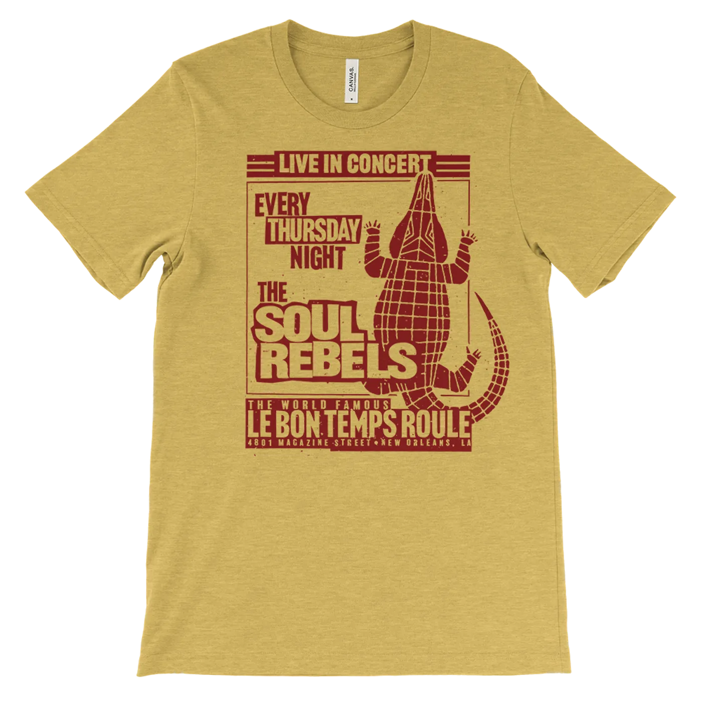 The Soul Rebels Live at Le Bon Temps Unisex Tee - Heather Yellow with Red