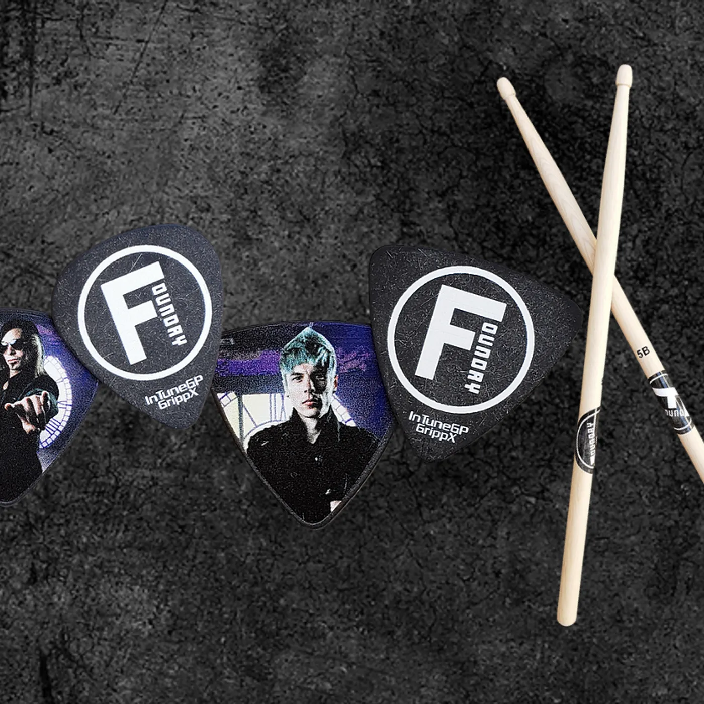 Foundry Autographed Drumsticks, Chris Guitar & Niko Bass Picks