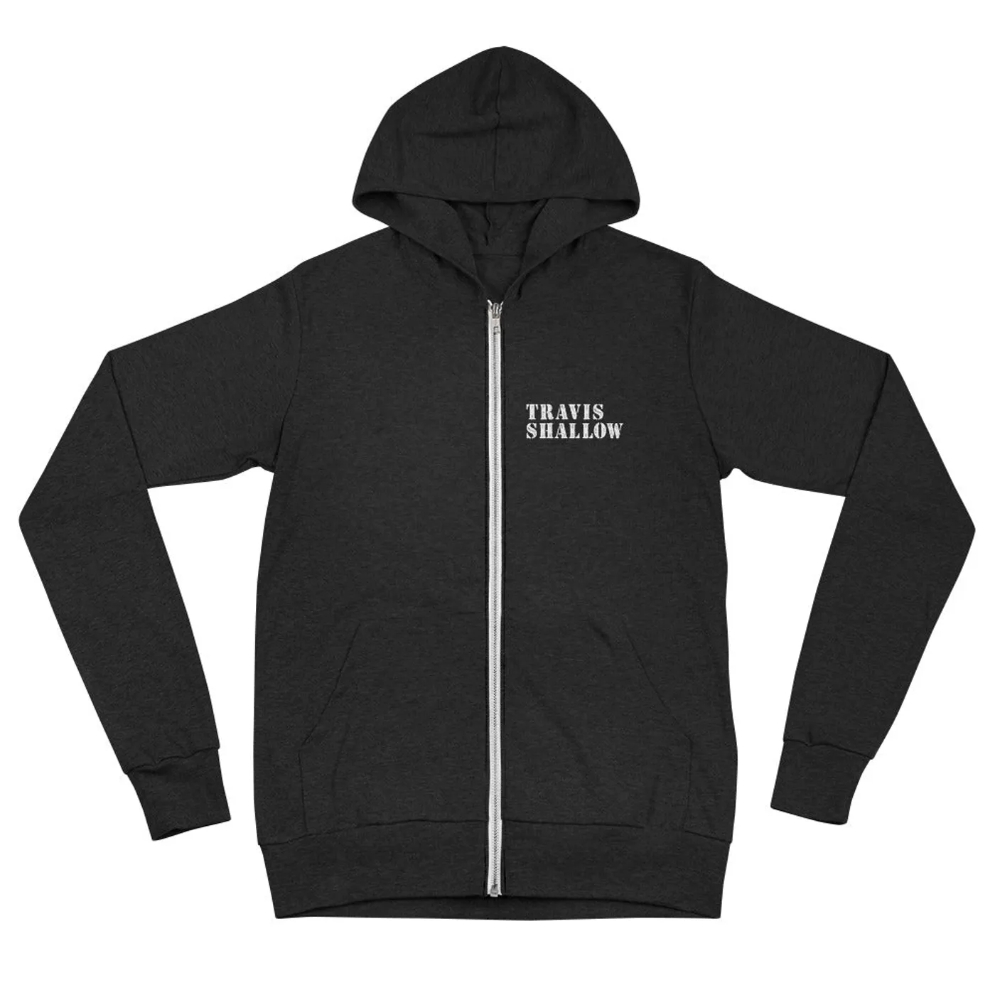 Travis Shallow Unisex zip hoodie (name logo front & ring logo on back)