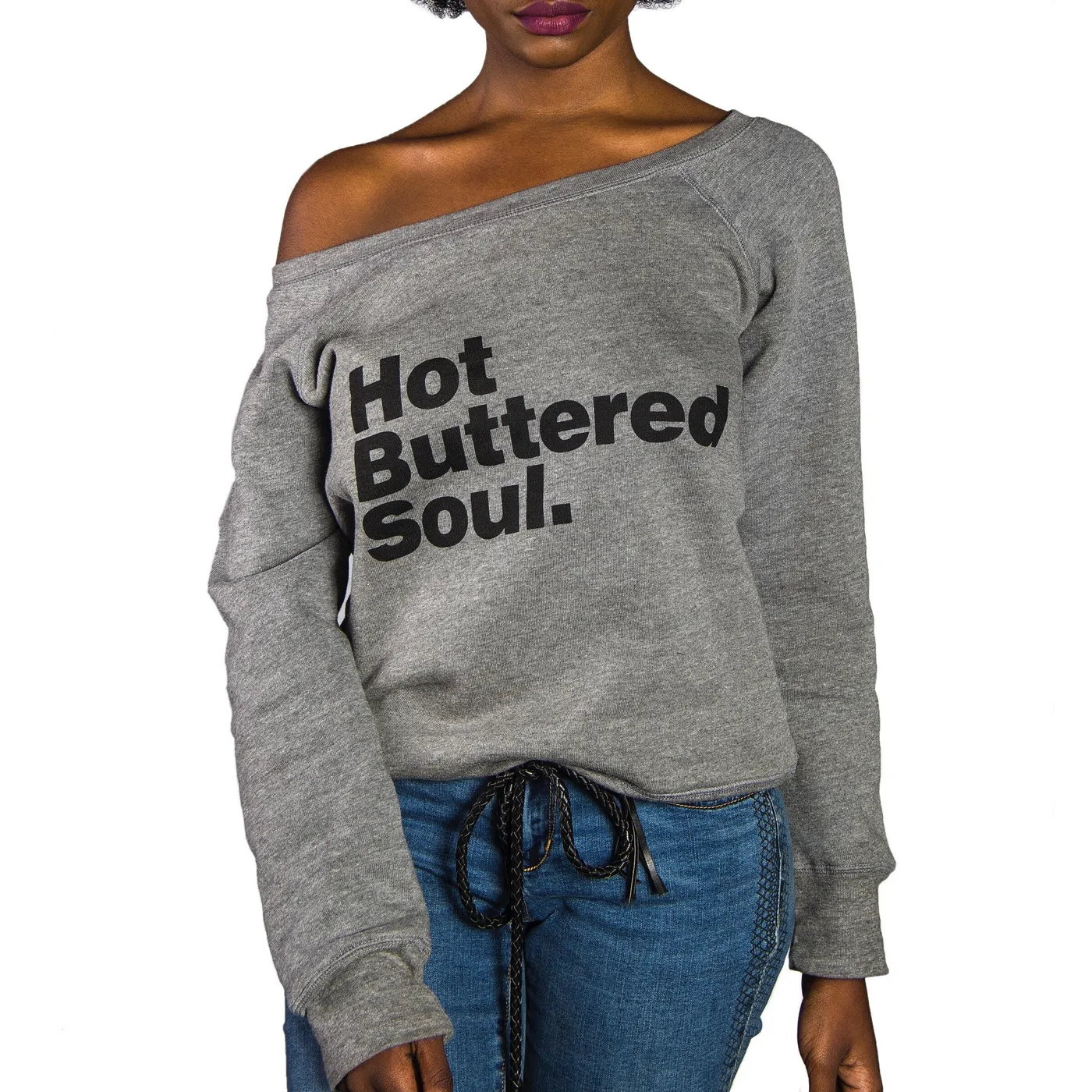 Isaac Hayes Grey Hot Buttered Soul Off The Shoulder Sweatshirt
