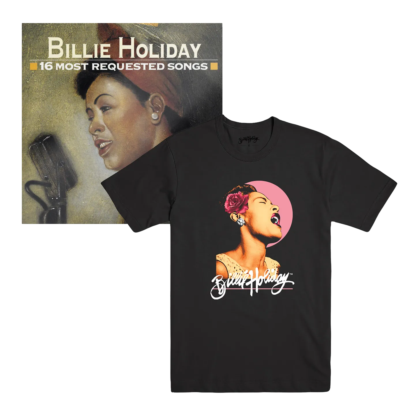 Billie Holiday 16 Most Requested Songs (CD) + "Billie" Gardenia T-Shirt Bundle
