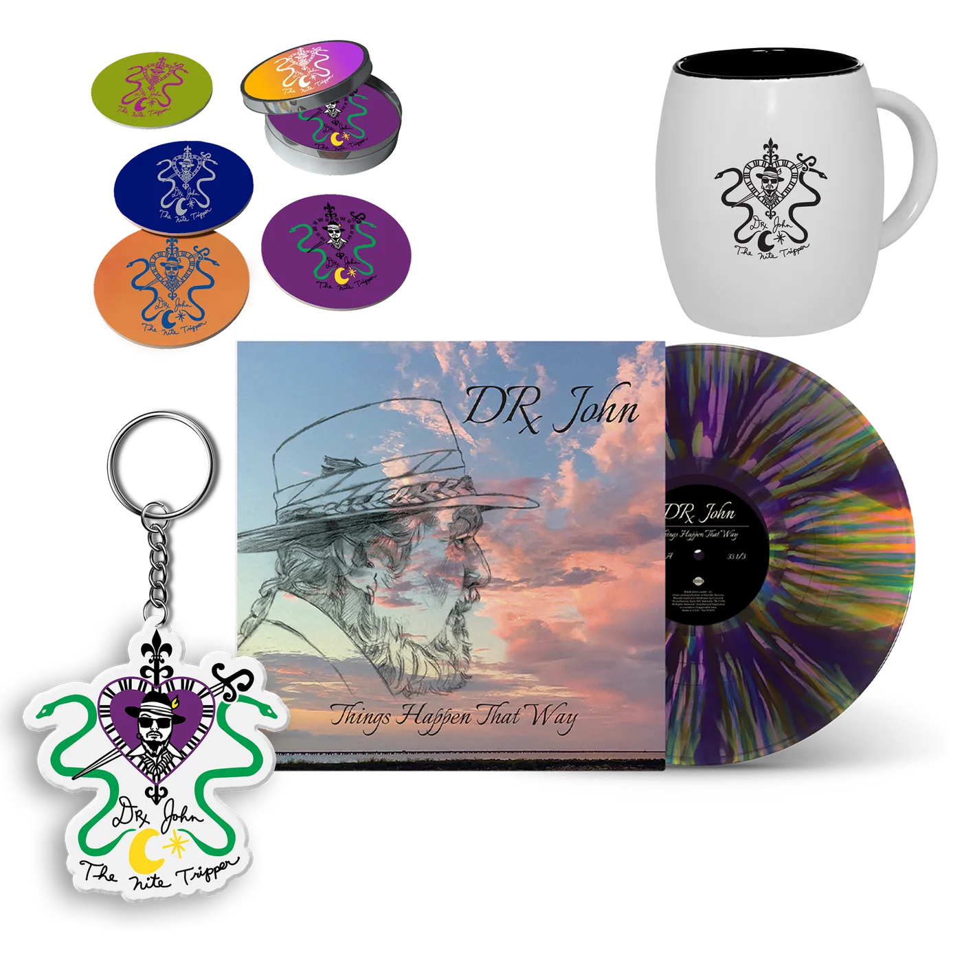 Dr. John It's All Right Merch Bundle w/ Limited Edition "Things Happen That Way" Mardi Gras Splatter Vinyl