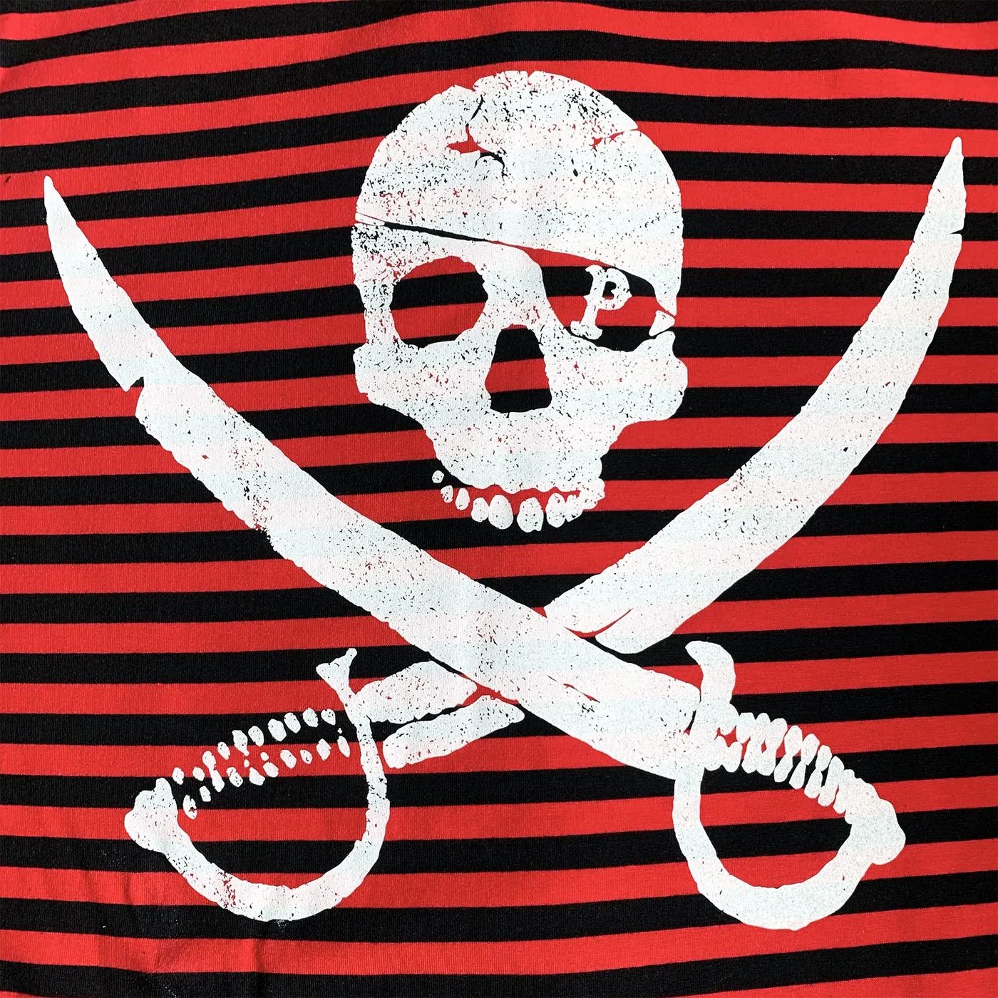Pirates Press Records - Pirate Logo - White on Red & Black Striped  - 15 Year Tag - T-Shirt - Fitted