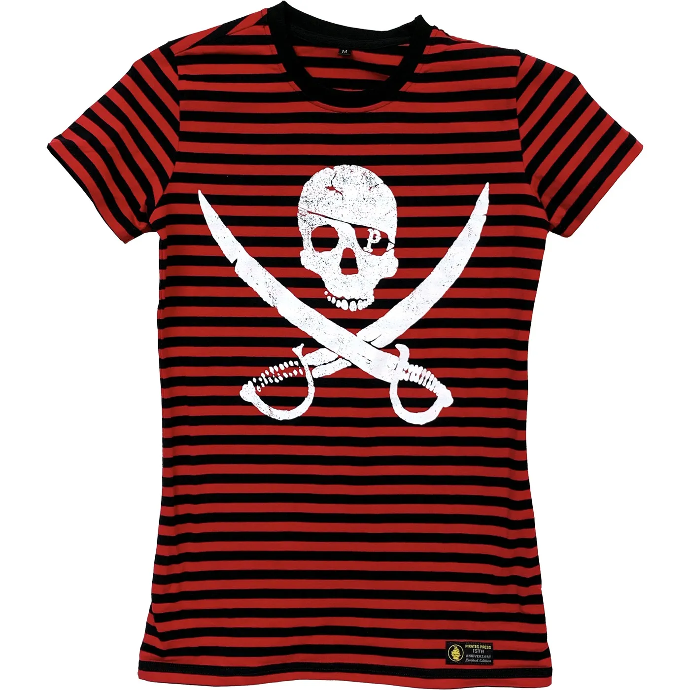 Pirates Press Records - Pirate Logo - White on Red & Black Striped  - 15 Year Tag - T-Shirt - Fitted