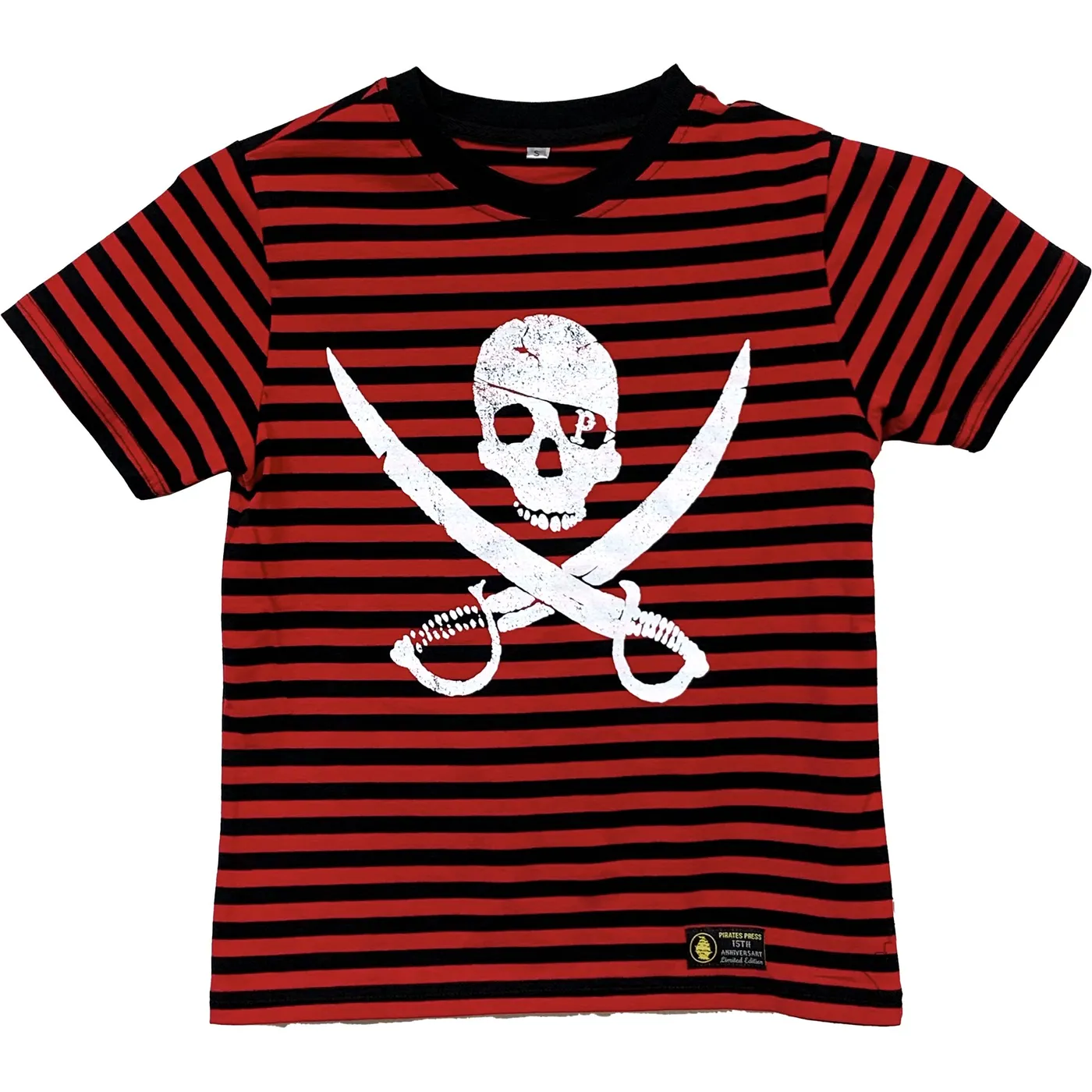 Pirates Press Records - Pirate Logo - White on Red & Black Striped  - 15 Year Tag - T-Shirt - Youth