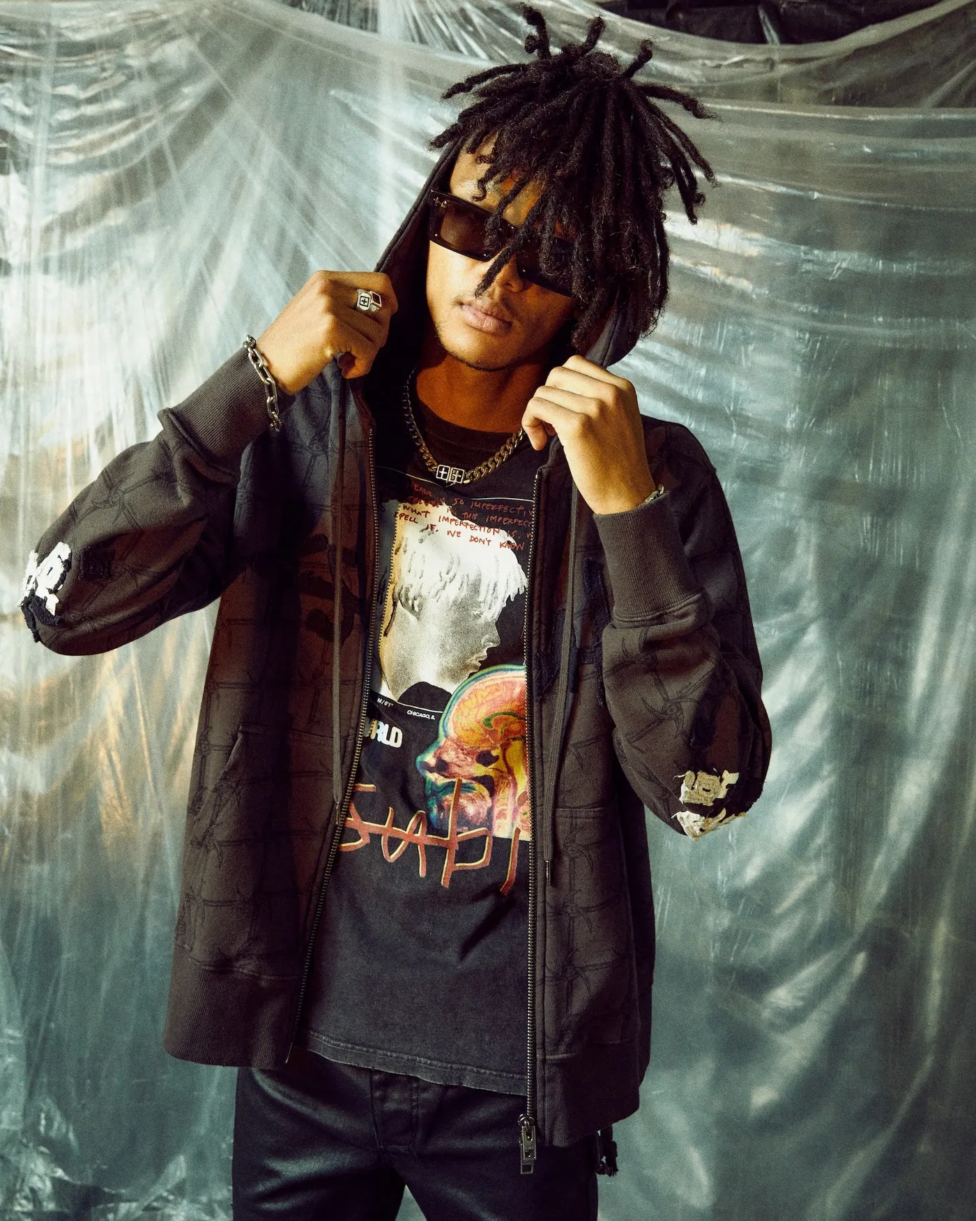 Juice WRLD 999 ZIP THRU KASH HOODIE FADED BLACK