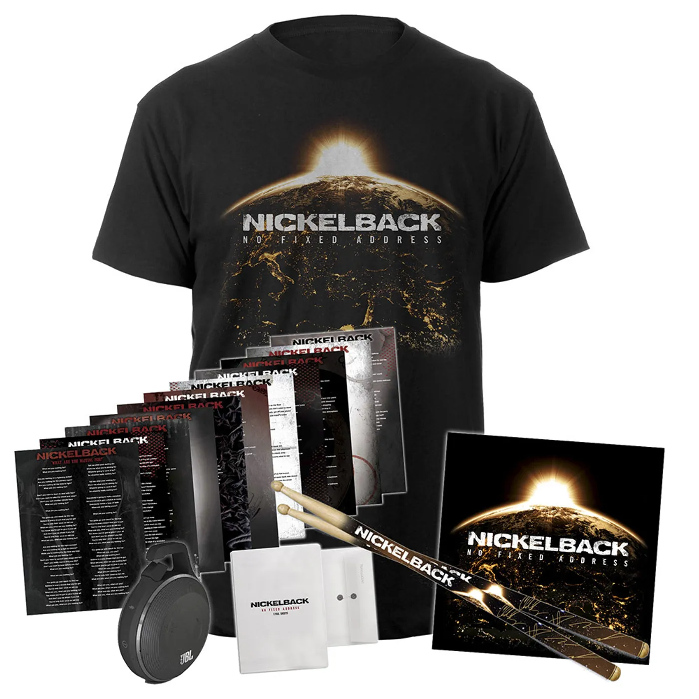 Nickelback No Fixed Address Tee + CD + Drum Sticks + Numbered Lyric Sheets + JBL Speakers Bundle Exclusive
