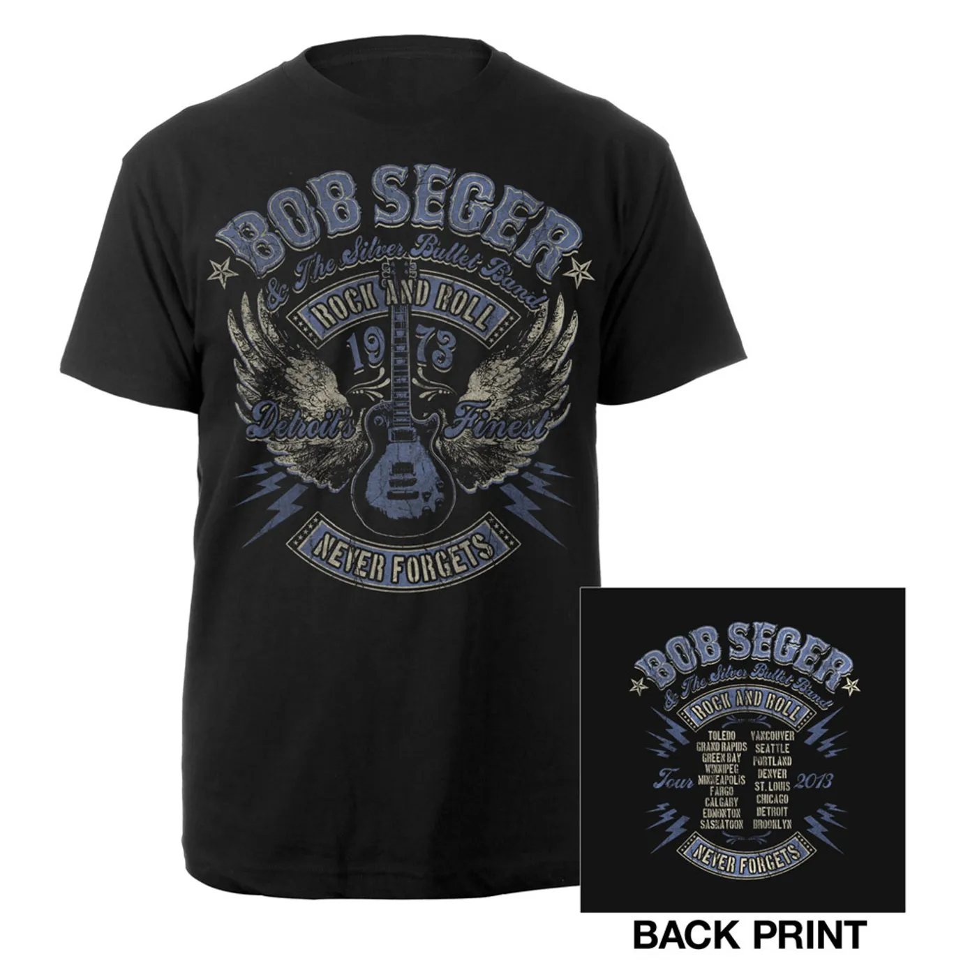 Bob Seger & The Silver Bullet Band Rock and Roll Never Forgets Winged Guitar Tour Shirt