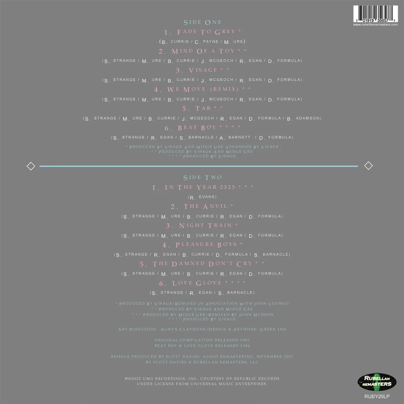 Visage Fade To Grey: The Singles Collection   B Vinyl Record