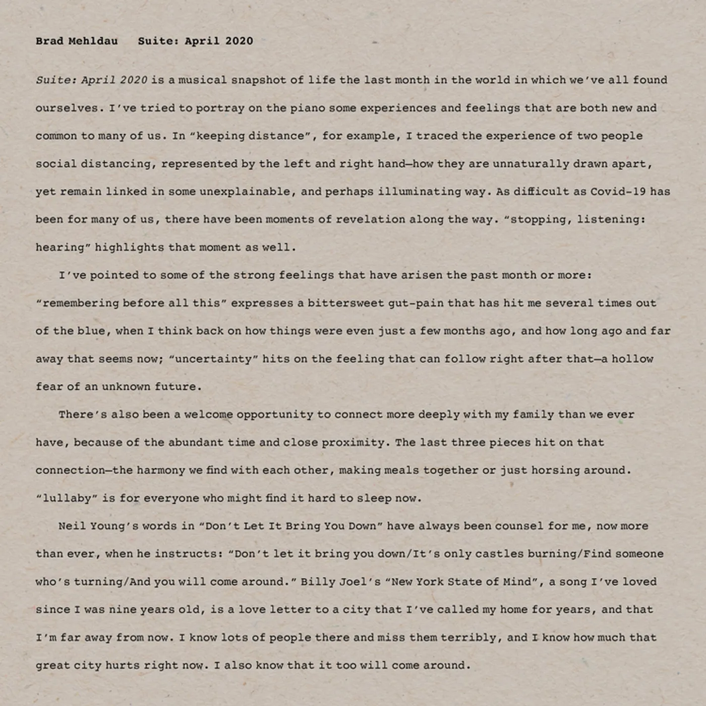 Brad Mehldau SUITE: APRIL 2020 CD