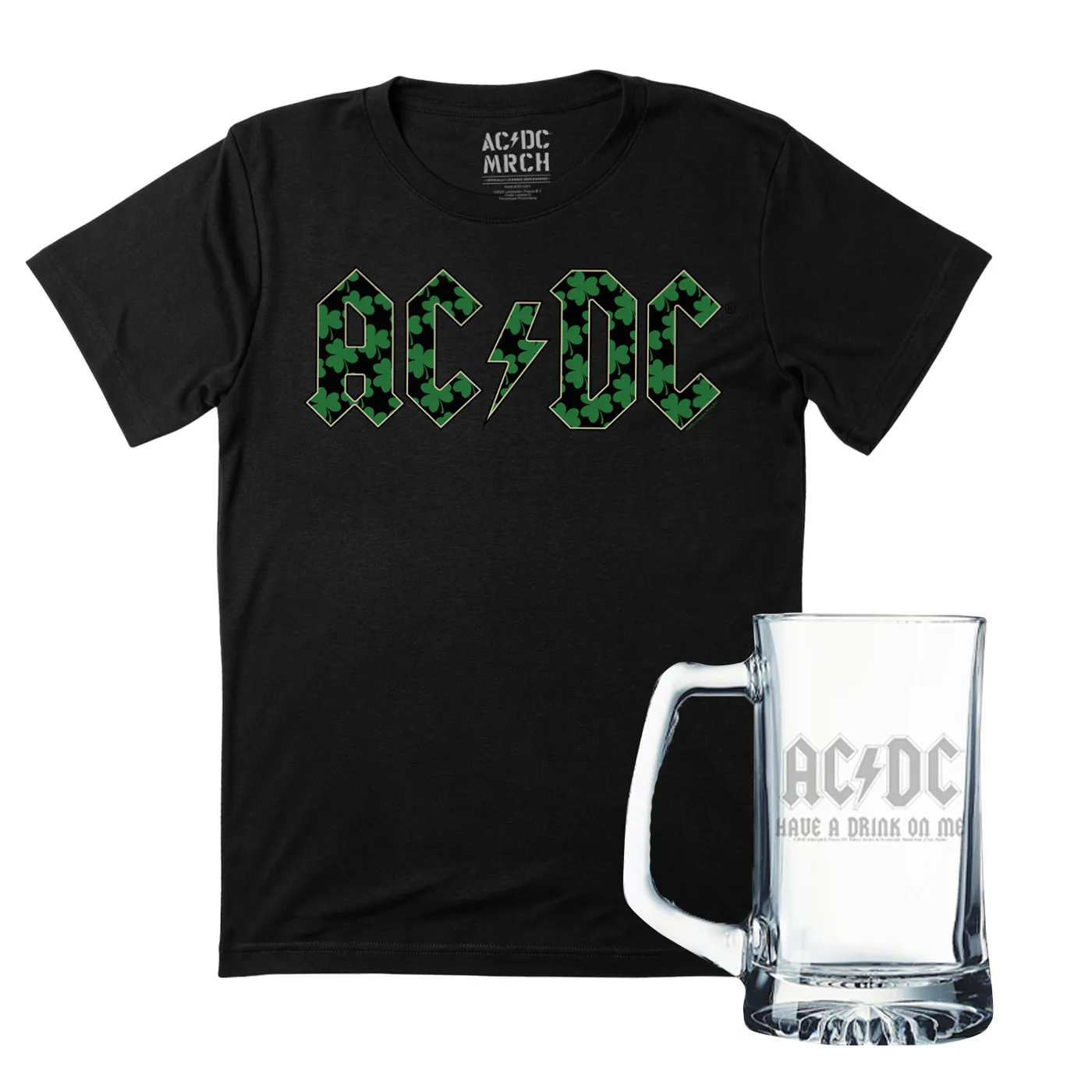 AC/DC Lucky Clover St. Patty's Day T-Shirt & 'Have A Drink On Me' Laser Etched Beer Stein