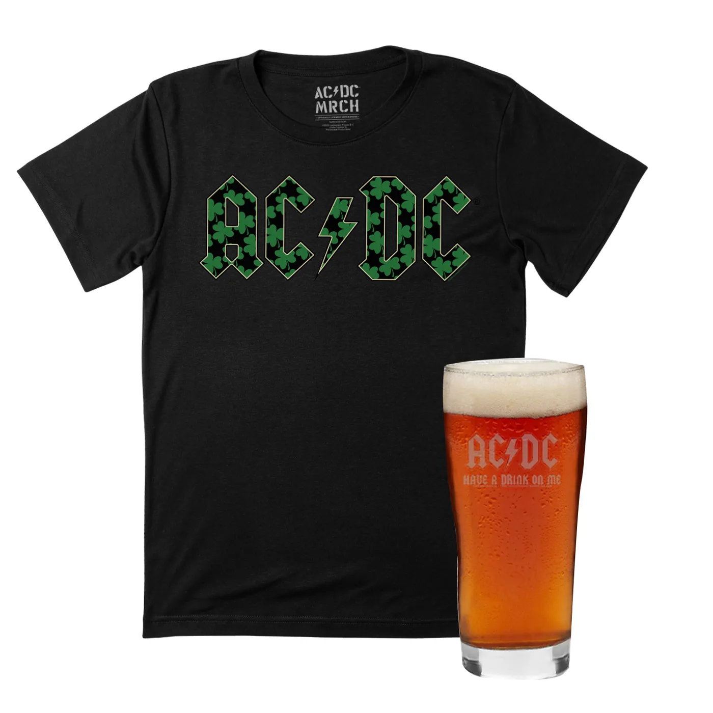 AC/DC Lucky Clover St. Patty's Day T-Shirt & 'Have A Drink On Me' Laser Etched Willi Becher Beer Glass