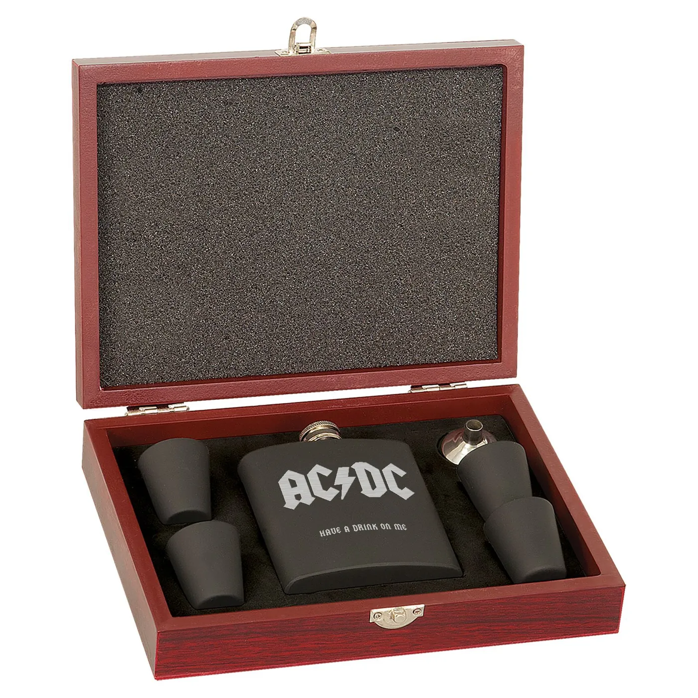 AC/DC Have A Drink On Me Laser Engraved Flask Set In Wooden Box.