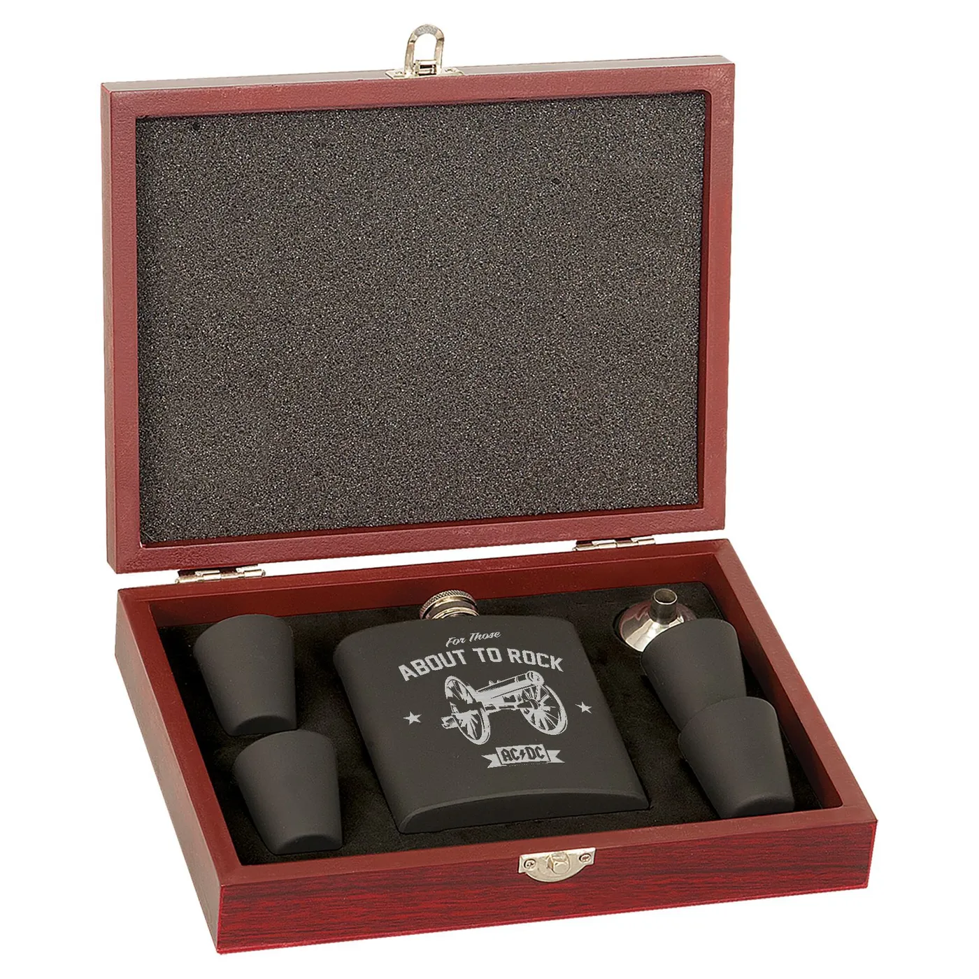 AC/DC Rock Cannon Laser Engraved Flask Set In Wooden Box
