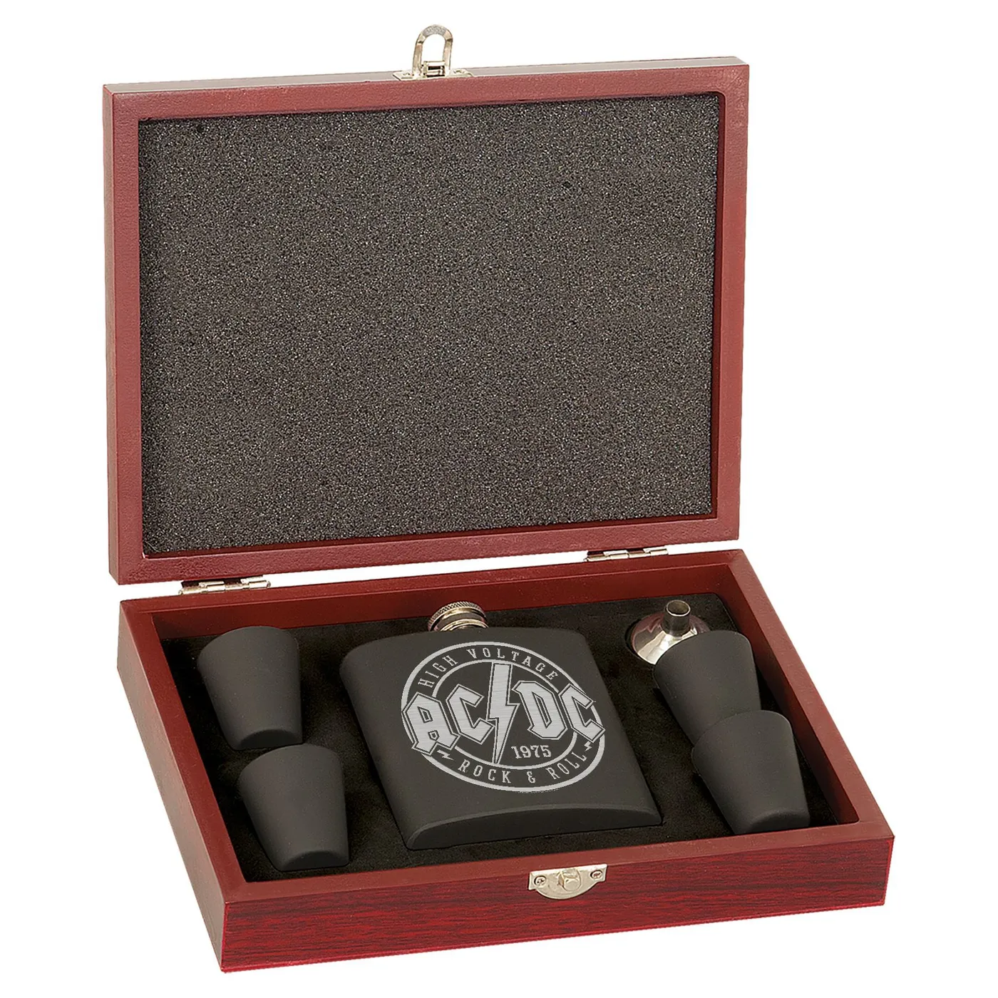 AC/DC High Voltage Rock & Roll Laser Engraved Flask Set In Wooden Box