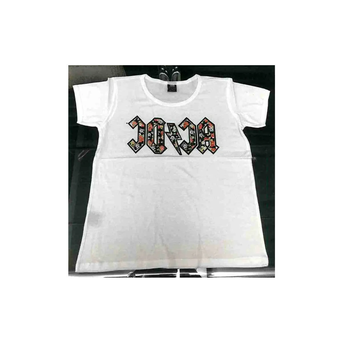 White T-shirt with Black Outlined Floral Print AC/DC Logo