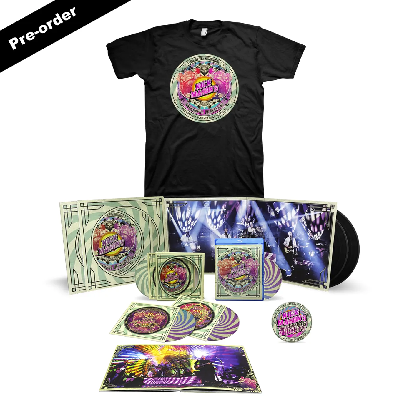 Pink Floyd Nick Mason’s Saucerful of Secrets Live At The Roundhouse Set List T-shirt + Round Logo Magnet + Choice of Media Ultimate Bundle