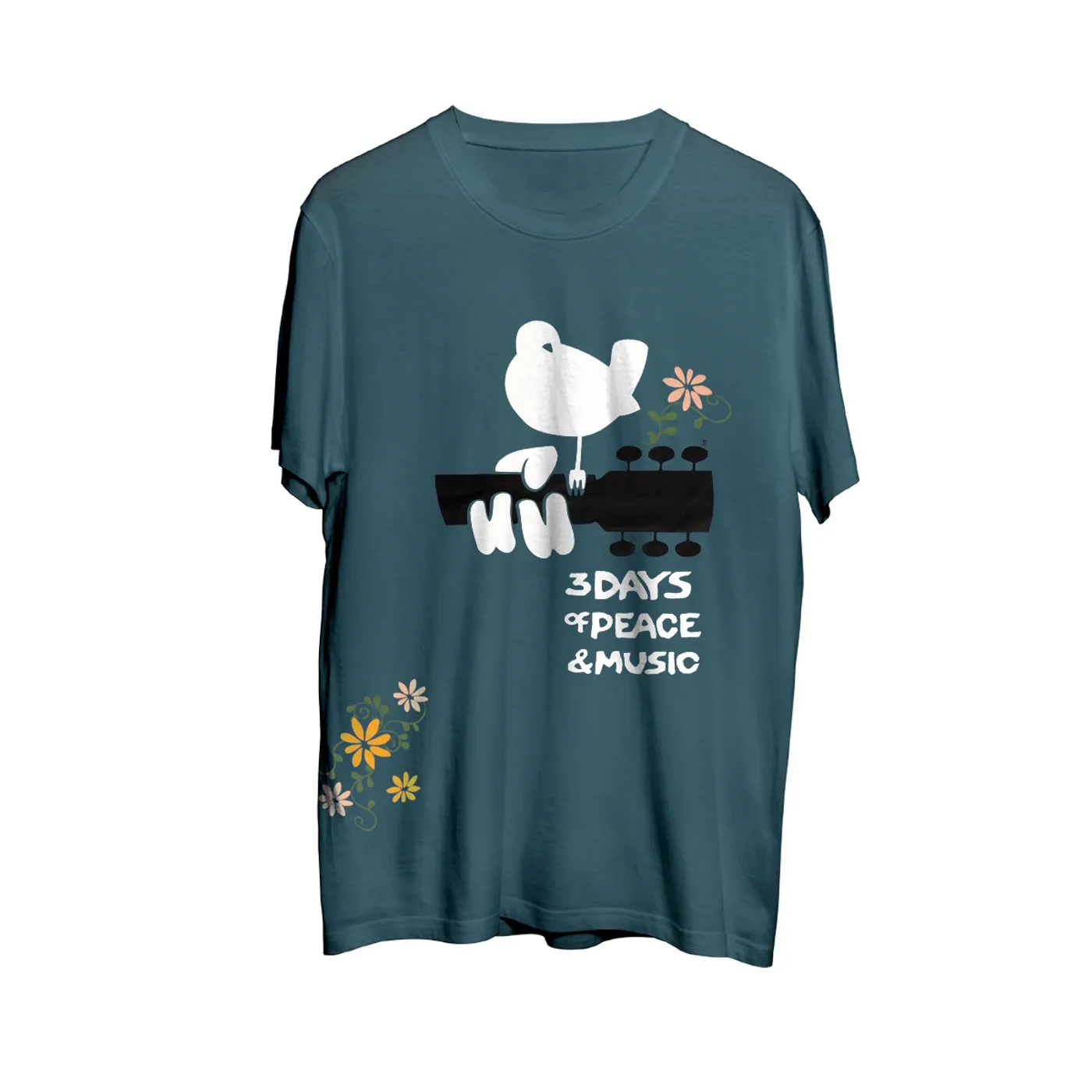 Woodstock Peace, Love, And Music Floral Pattern Blue T-Shirt