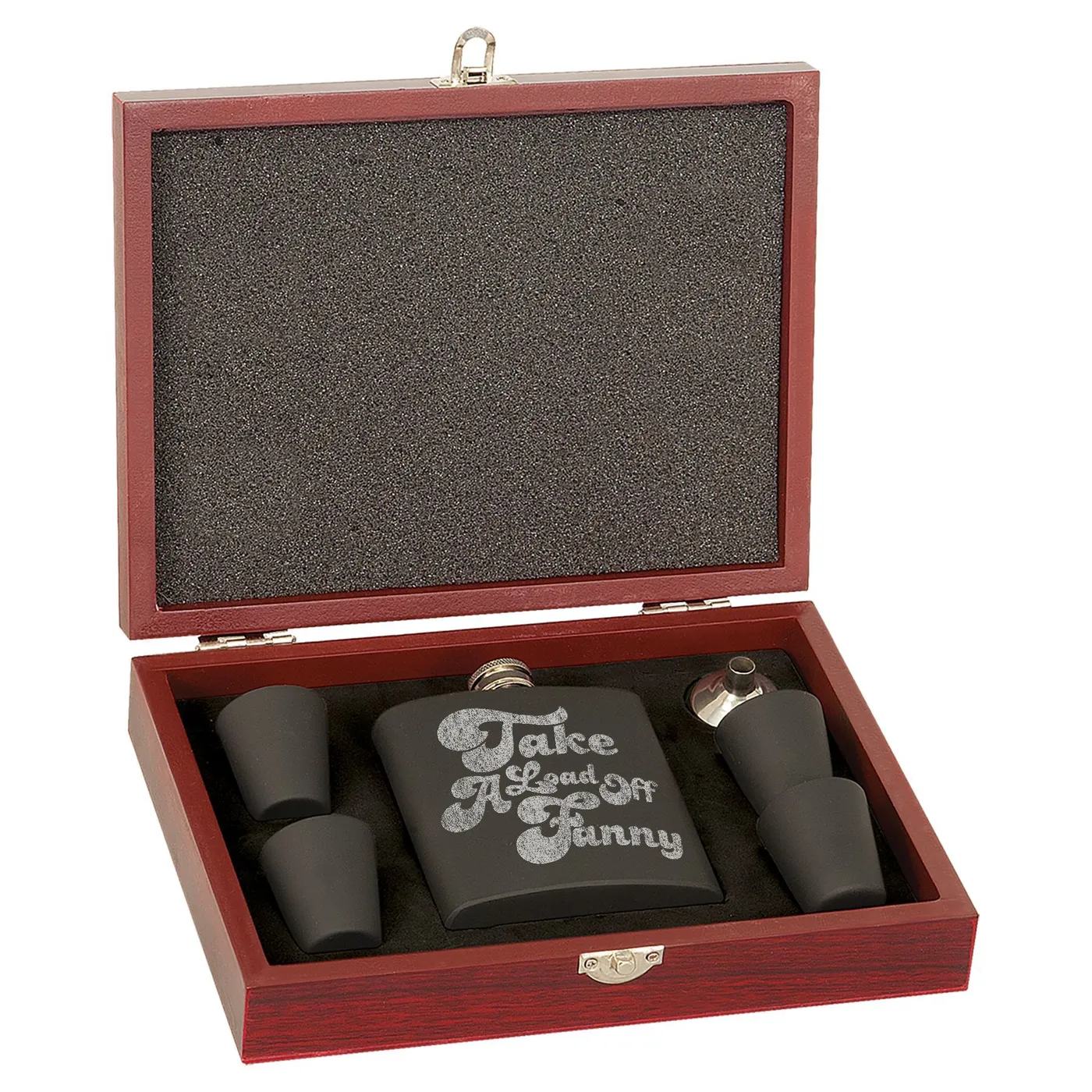 The Band Take A Load Off Fanny Laser Engraved Flask Set In Wooden Box