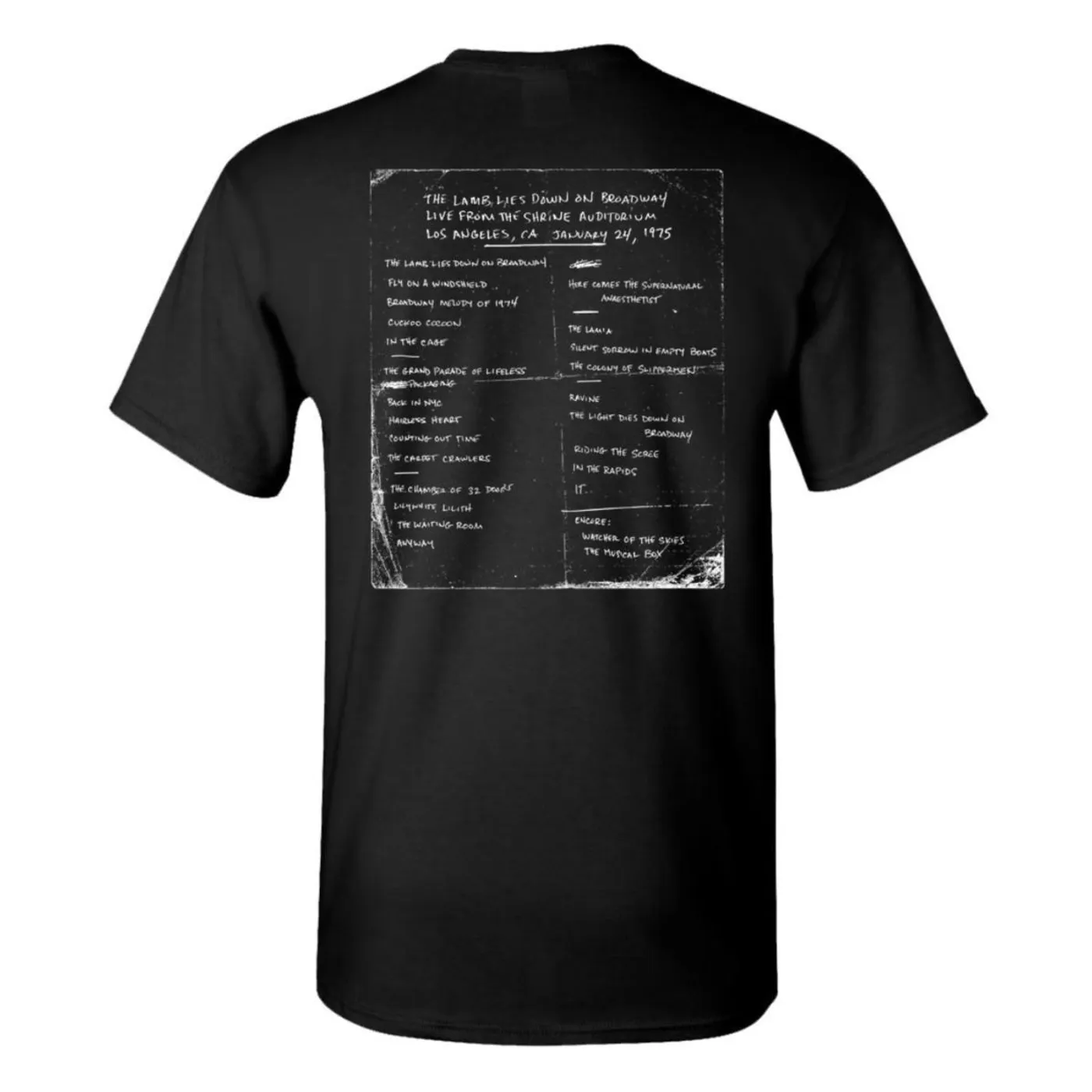 Genesis Shrine Auditorium 1975 Black and White Set List T-Shirt