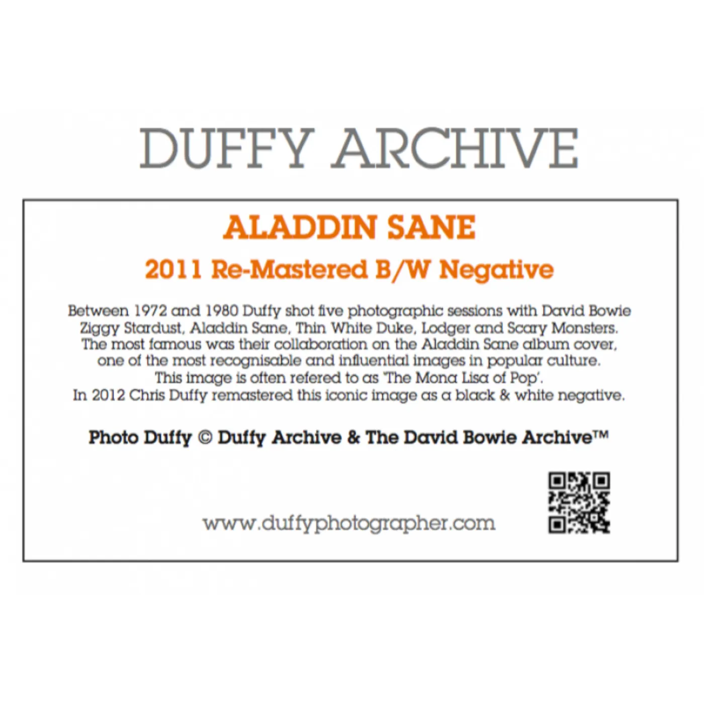 David Bowie Duffy Aladdin Sane Remastered B/W Negative Print