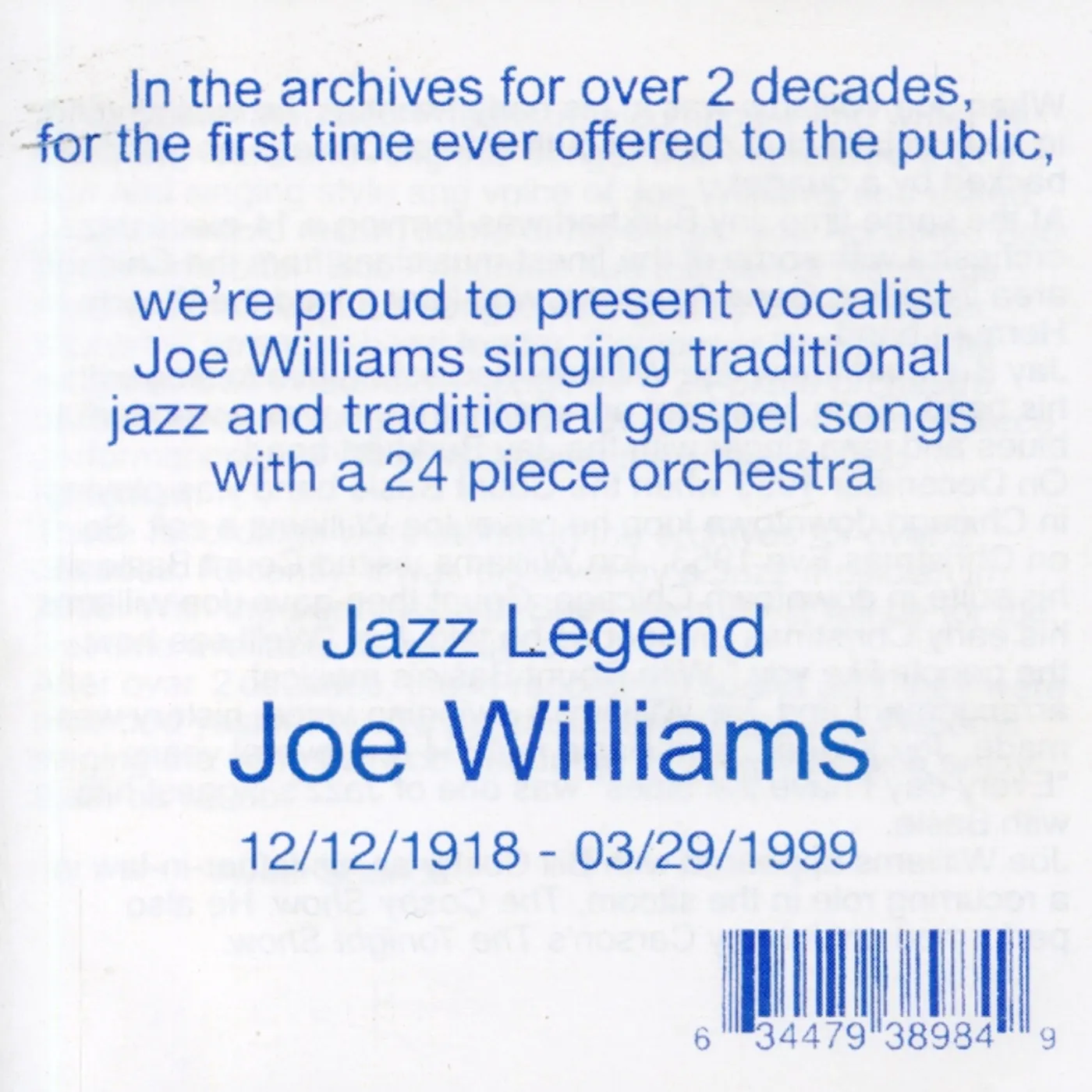 JOE WILLIAMS SINGS: BACKED BY A 24 PIECE ORCHESTRA CD