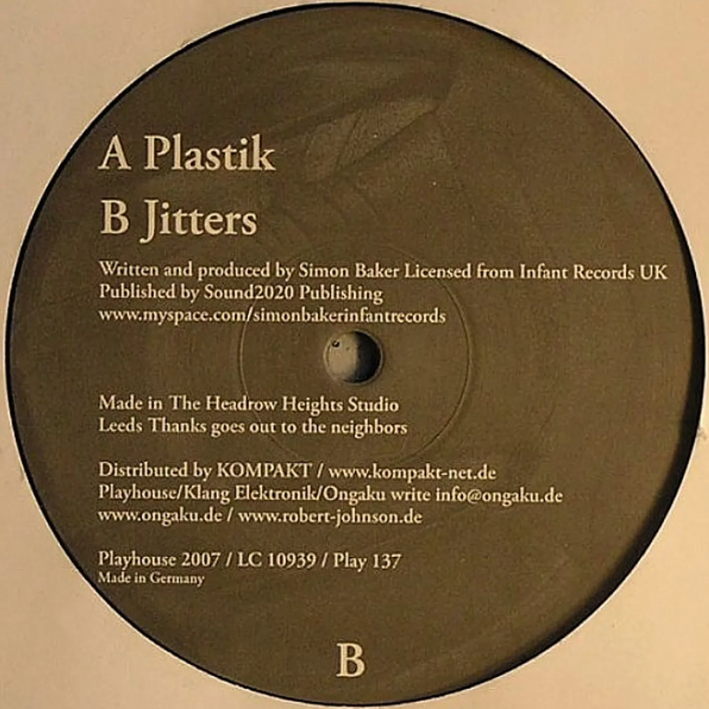 Simon Baker PLASTIK / JITTERS Vinyl Record