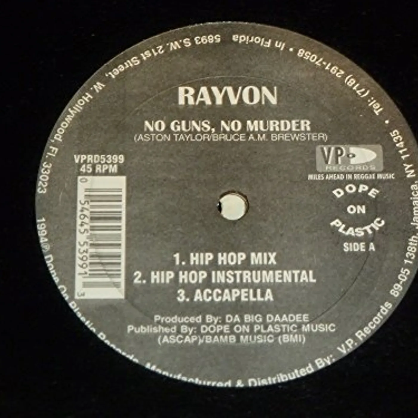 Rayvon NO GUNS NO MURDER Vinyl Record