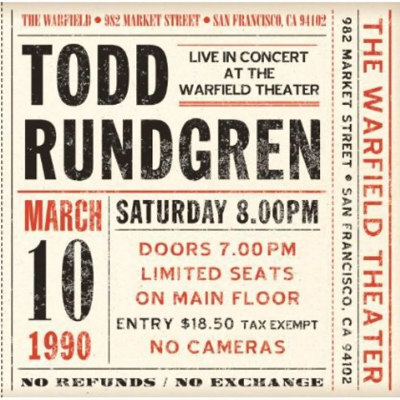 Todd Rundgren LIVE AT THE WARFIELD 10TH MARCH 1990 CD