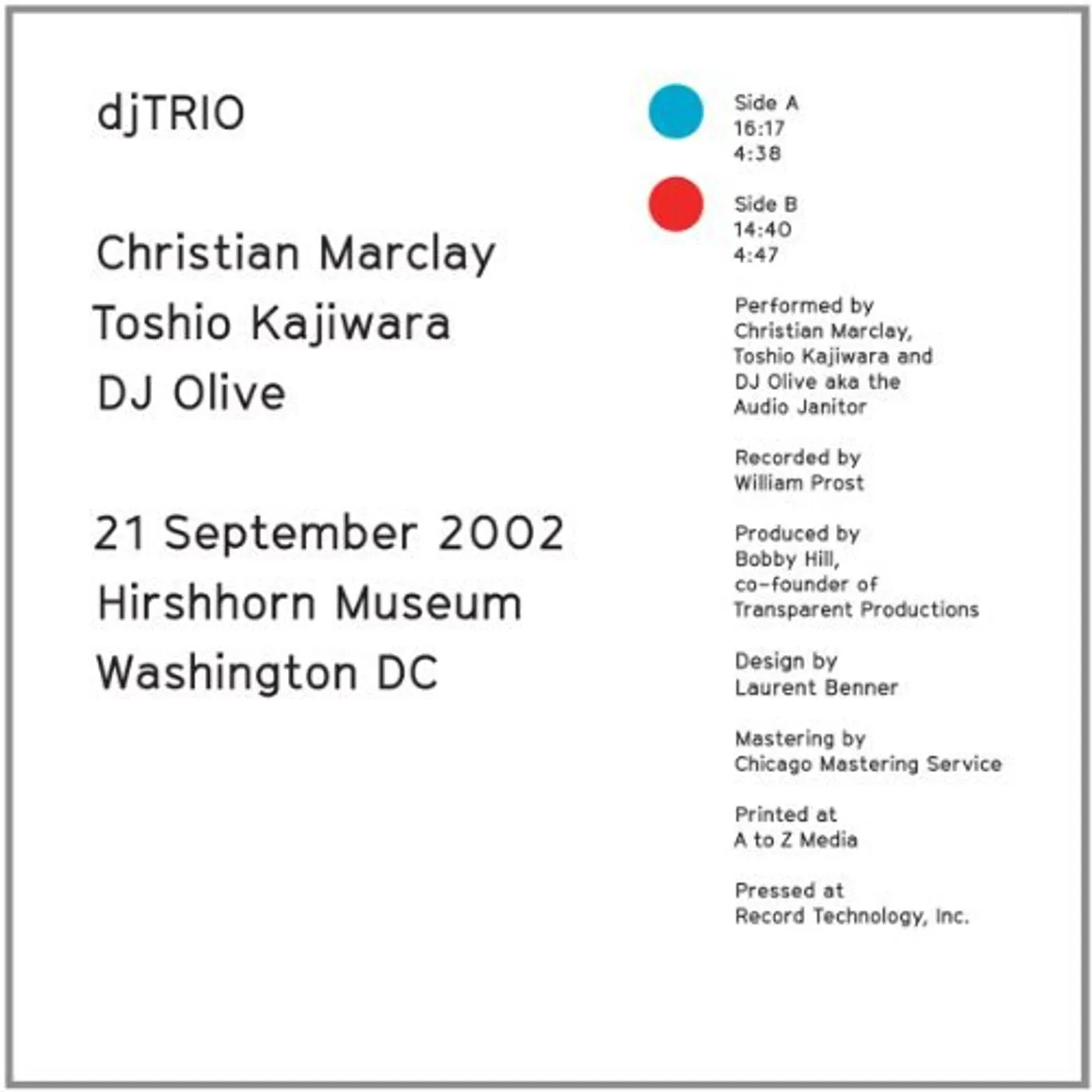 djTRIO: Christian Marclay / Toshio Kajiwara / DJ Olive 21 SEPTEMBER 2002 Vinyl Record