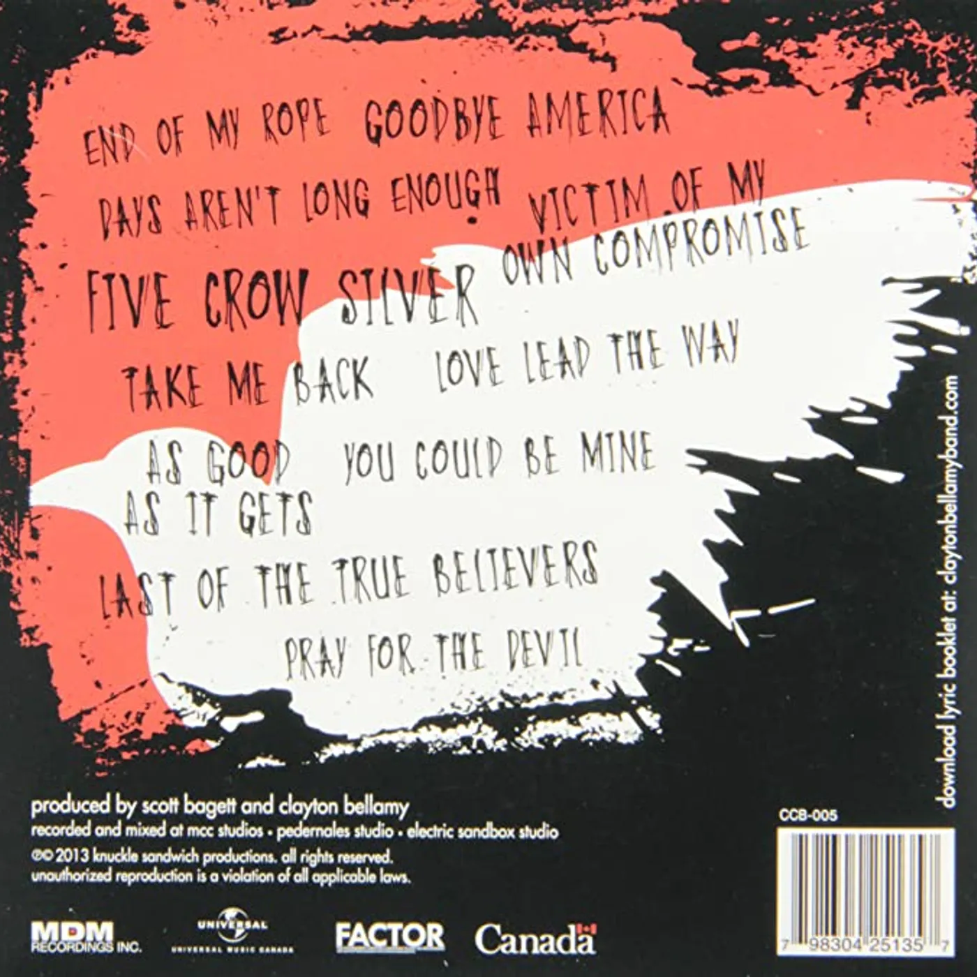 Clayton Bellamy FIVE CROW SILVER Vinyl Record - Canada Release