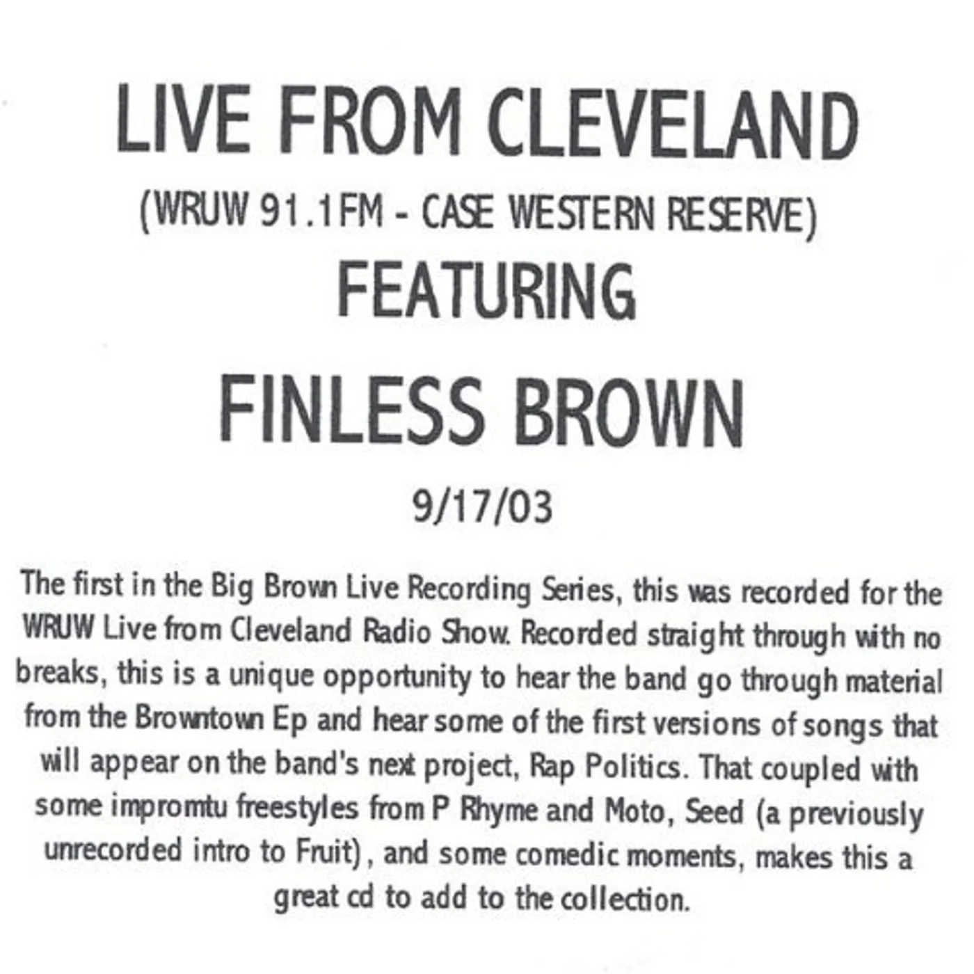Finless Brown LIVE FROM CLEVELAND AT WRUW CD