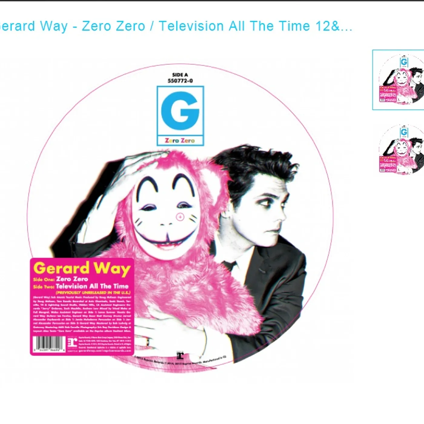 Gerald Way ZERO ZERO / TELEVISION ALL THE TIME Vinyl Record - Picture Disc