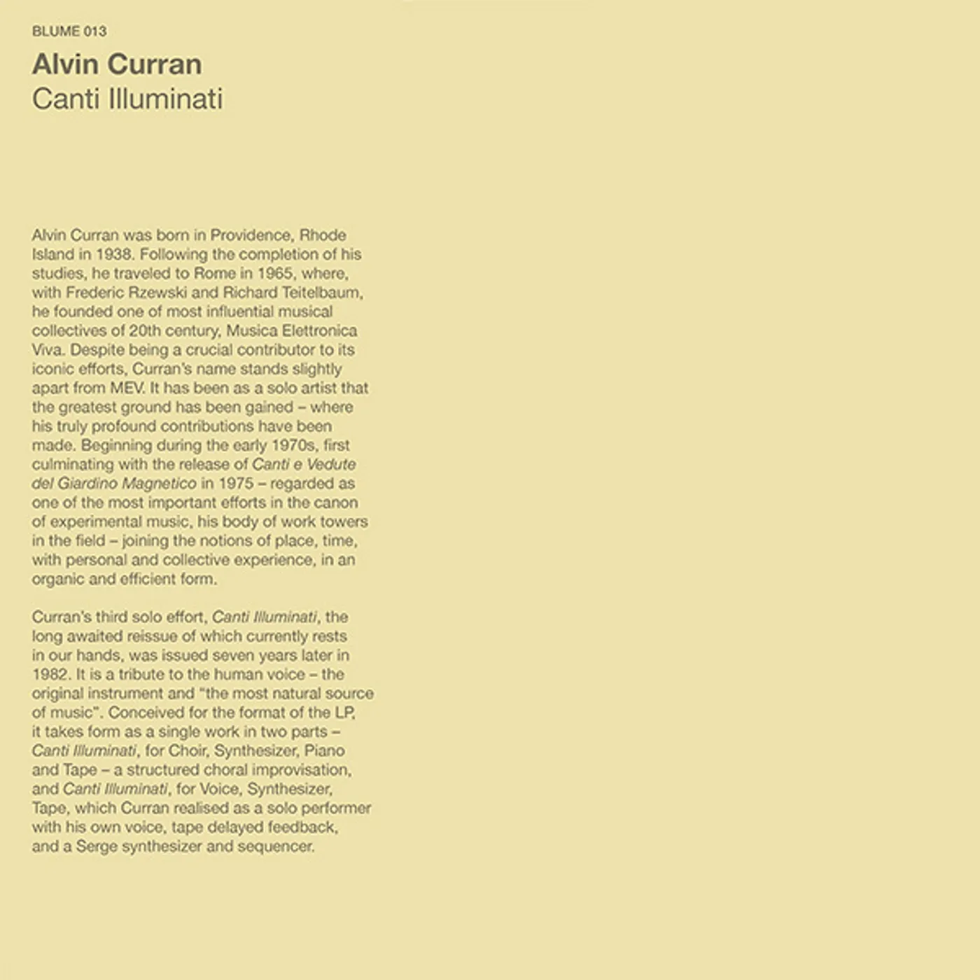 Alvin Curran Canti Illuminati Vinyl Record
