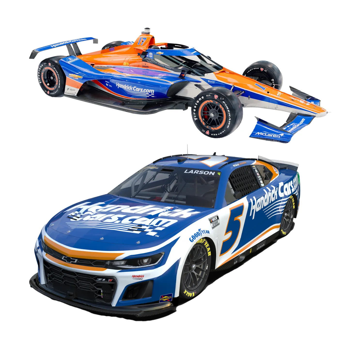 Hendrick Motorsports Kyle Larson 2024 H1100 HendrickCars.com Indy 500 No. 17 1:18 Scale & Coke 600 No. 5 1:24 Scale Liquid Color Two-Pack Die-Cast Set