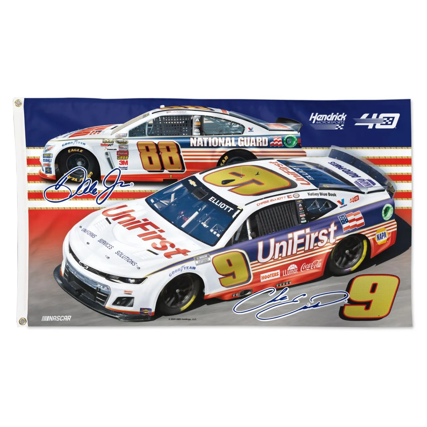 Hendrick Motorsports Chase Elliott #9 / Dale Earnhardt Jr. #88 Darlington Throwback Dual Car 3' x 5' Flag