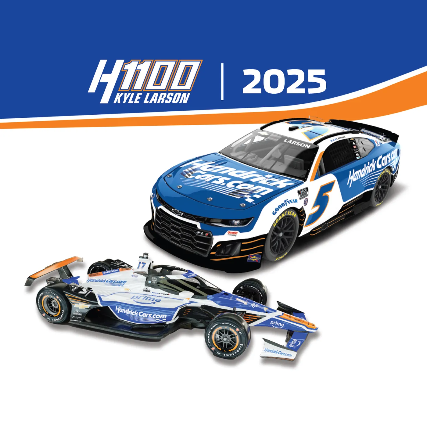 Hendrick Motorsports Kyle Larson 2025 H1100 HendrickCars.com Indy 500 No. 17 1:18 Scale & Coke 600 No. 5 1:24 Scale Two-Pack Die-Cast Set