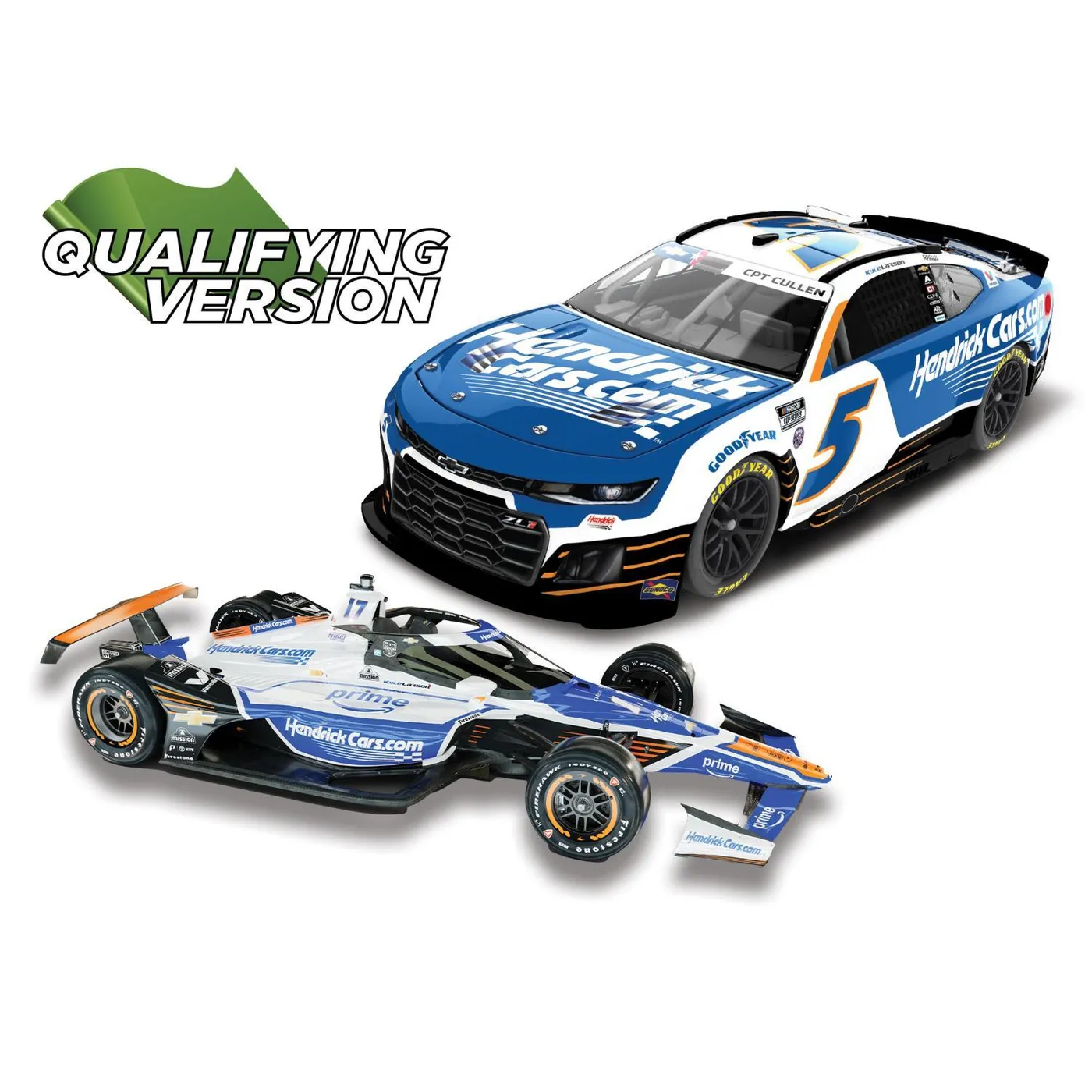 Hendrick Motorsports Kyle Larson 2025 H1100 Qualifying Edition HendrickCars.com Indy 500 No. 17 & Coke 600 No. 5 1:64 2-Pack Die-Cast Set