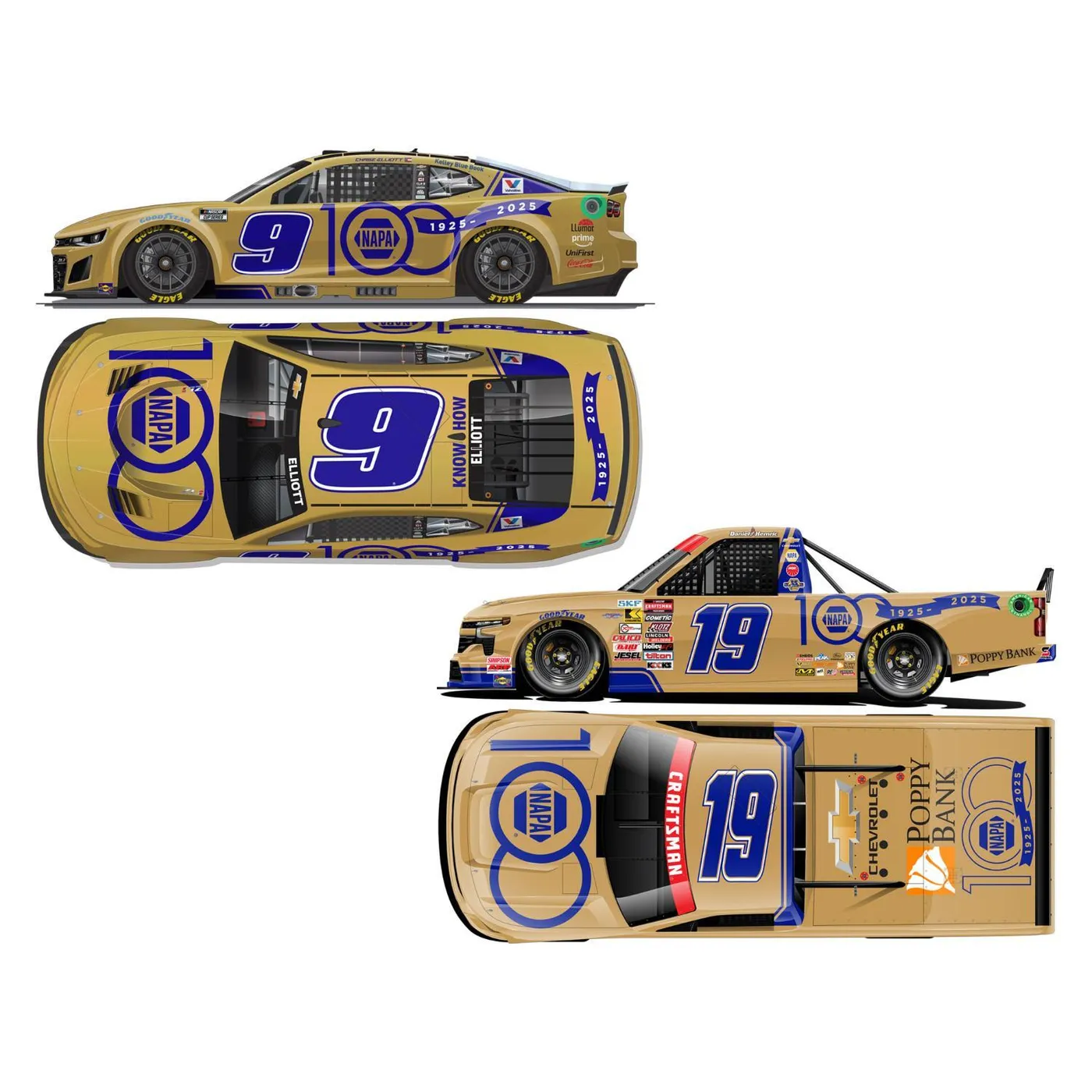 Hendrick Motorsports Chase Elliott #9 & Daniel Hemric #19 2025 NAPA 100th Anniversary Two-Car 1:64 Hard Top Die-Cast Set