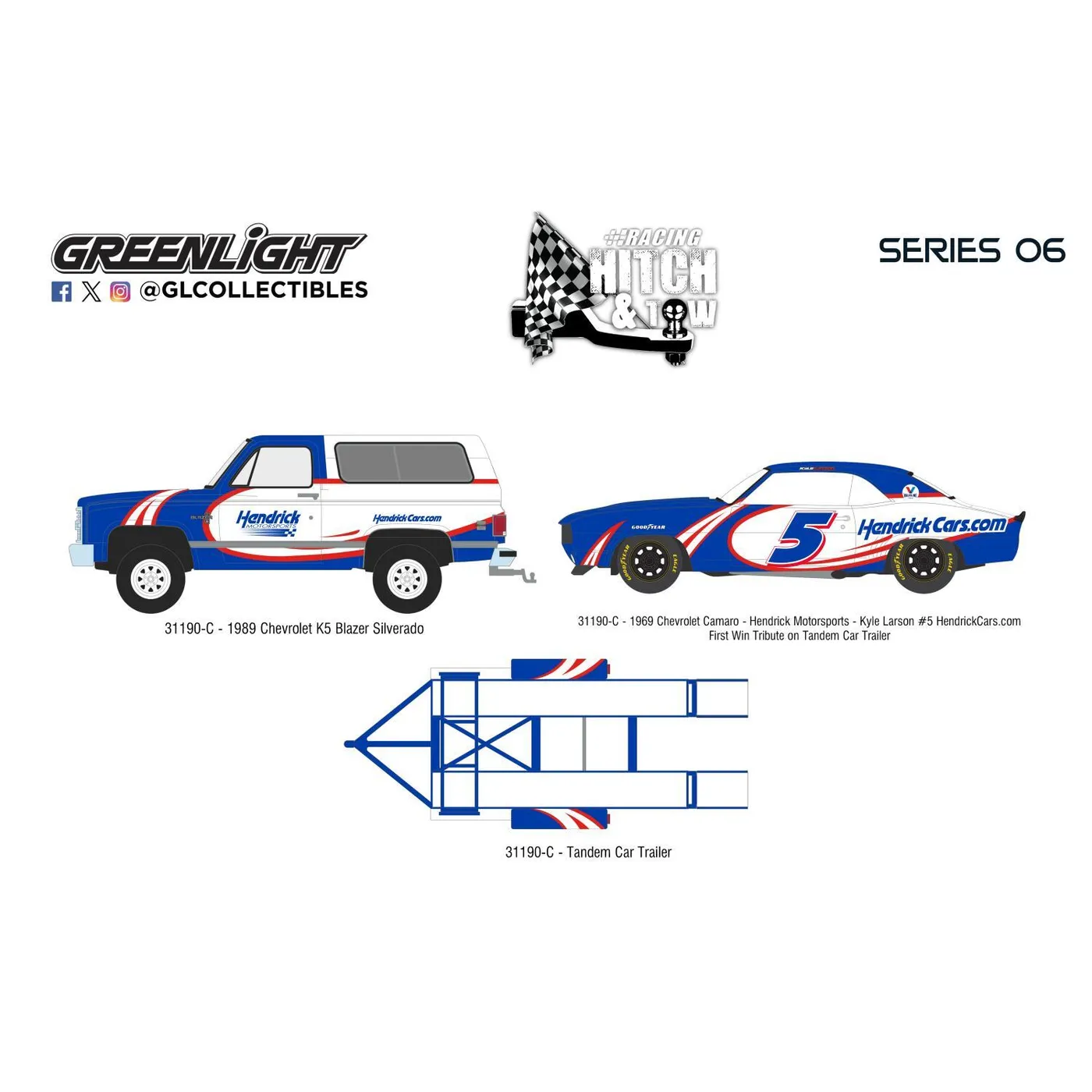 Hendrick Motorsports 1986 Chevrolet K5 Blazer Silverado and 1969 Chevrolet Camaro  Kyle Larson #5 HendrickCars.com First Win Tribute 1:64 Racing Hitch & Tow