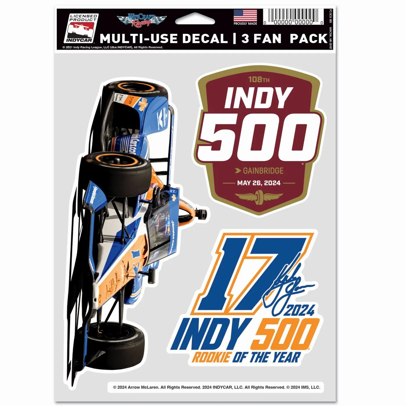 Hendrick Motorsports Kyle Larson #17 2024 Indy 500 Rookie Of The Year 3 Pack Decal