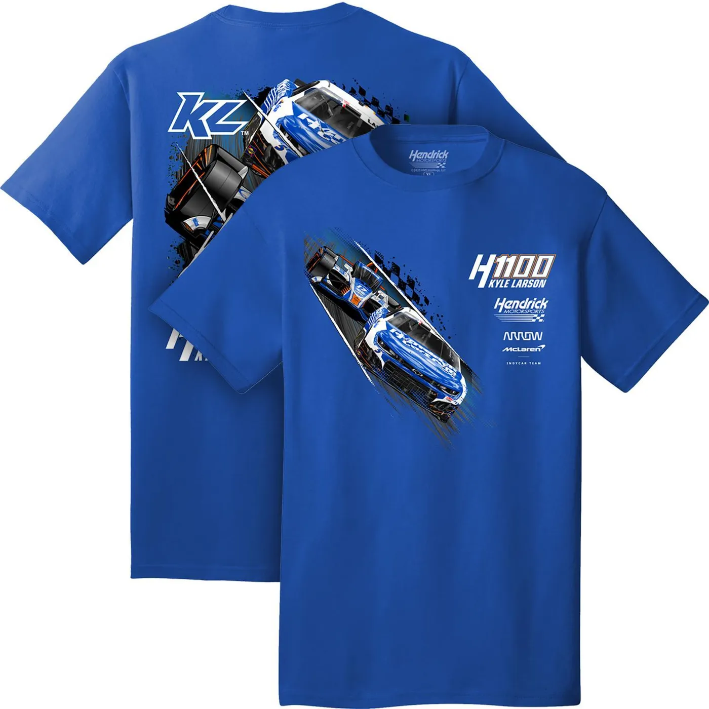 Hendrick Motorsports Kyle Larson #5/#17 2025 H1100 HendrickCars.com Dual Car Royal Blue T-shirt