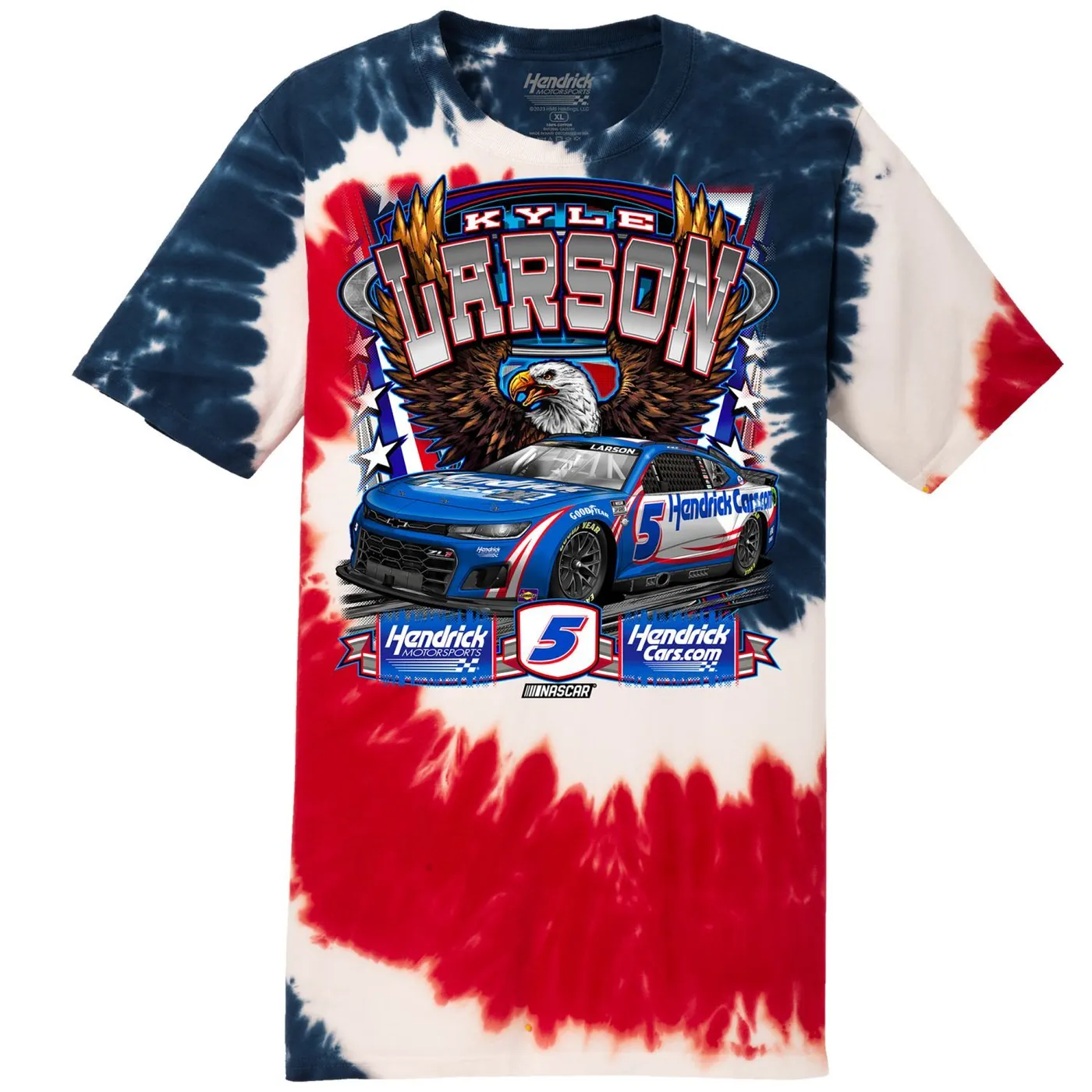 Hendrick Motorsports Kyle Larson #5 HendrickCars.com Red, White & Blue Tie Dye T-shirt